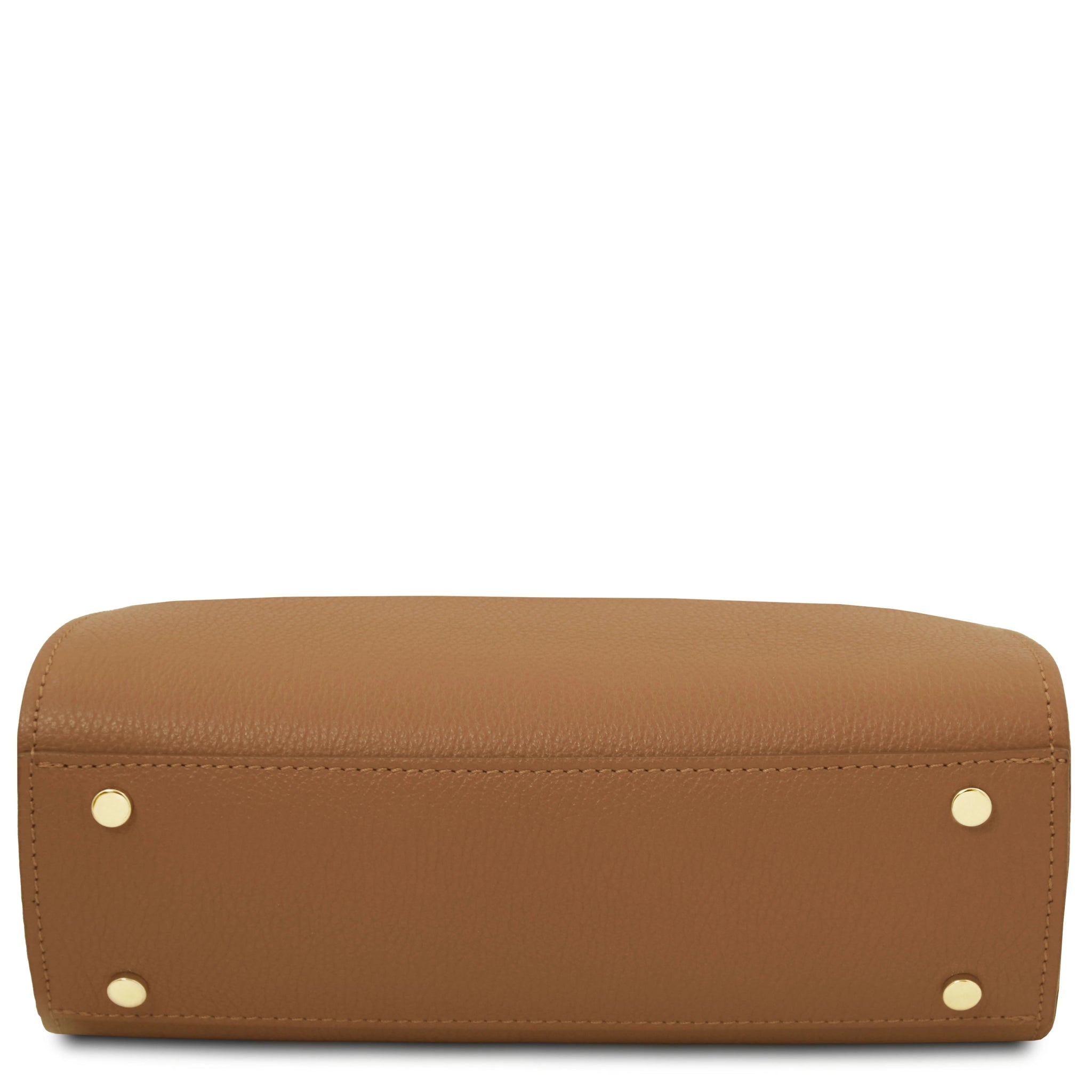 Bottom view Maisy Italian Leather Small Tote Bag in caramel showing protective feet