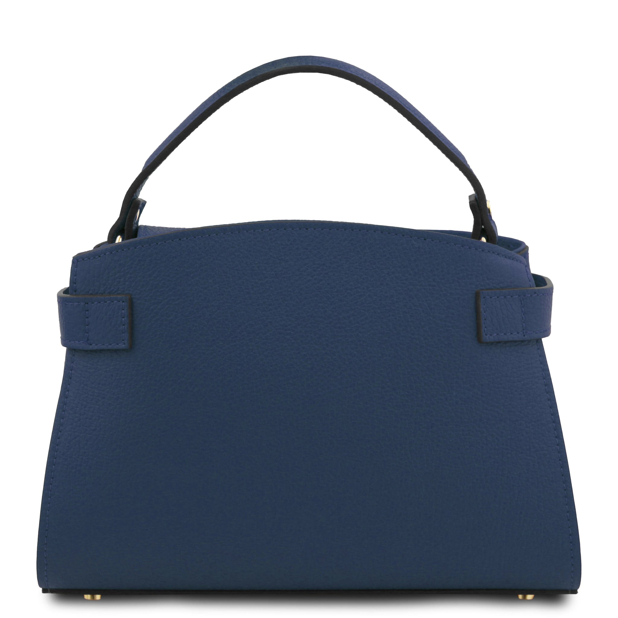 Bottom view Maisy Italian Leather Small Tote Bag in dark blue showing protective feet