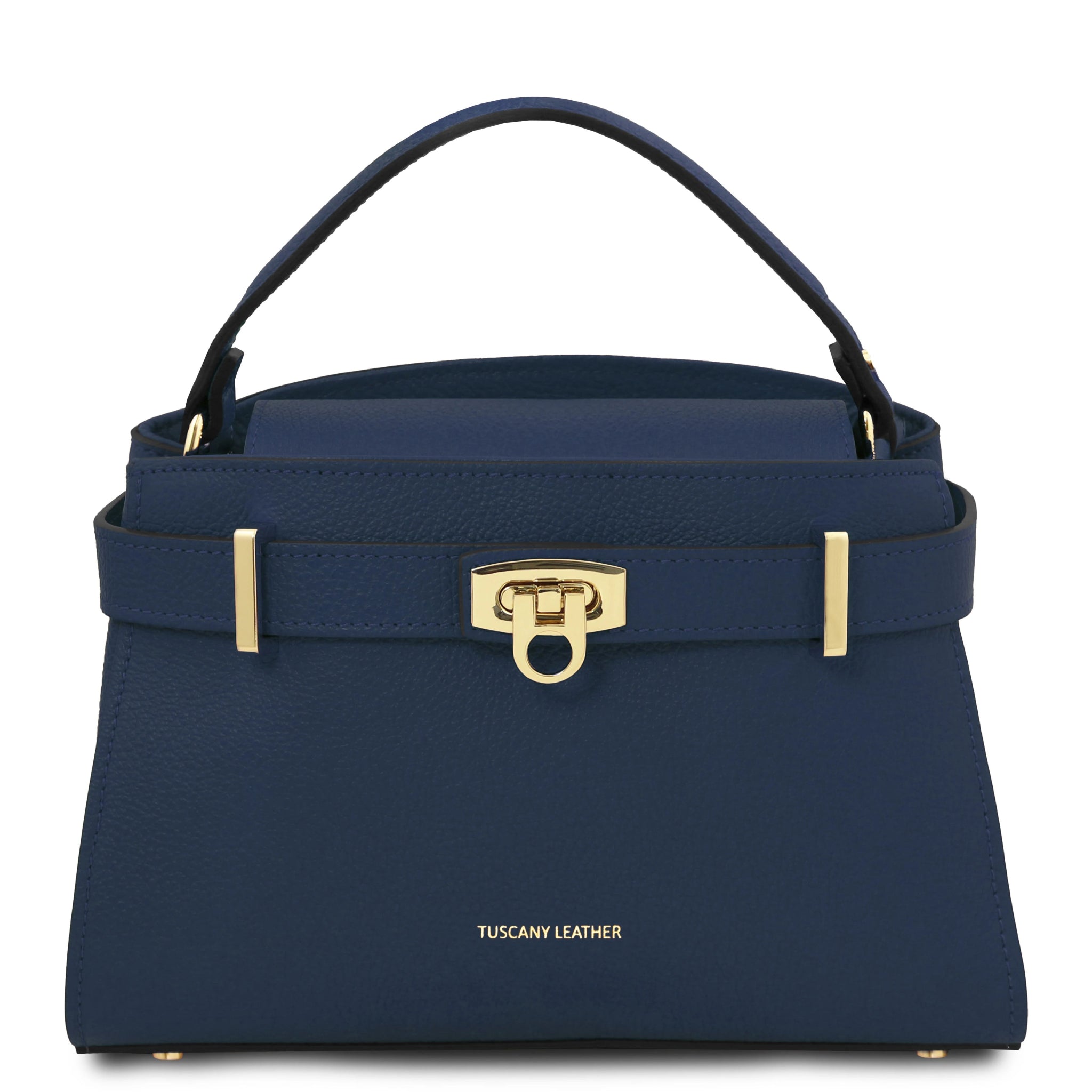 Front view Maisy Italian Leather Small Tote Bag in dark blue showing handle and gold hardware