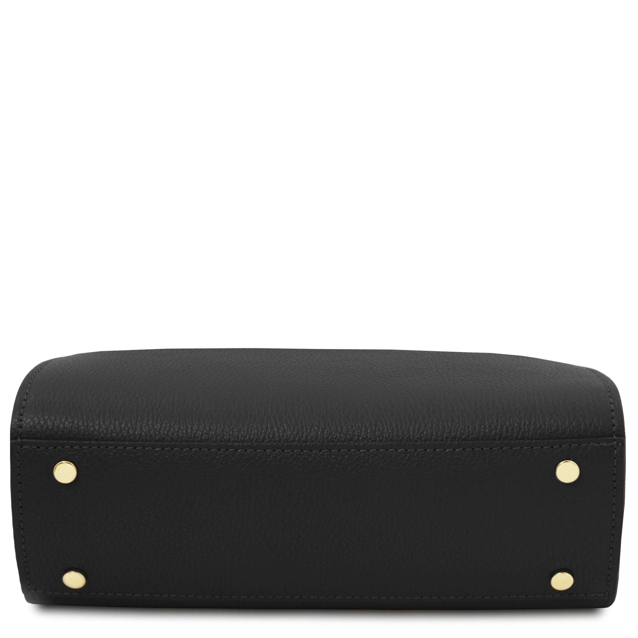 Bottom view Maisy Italian Leather Small Tote Bag in black showing protective feet