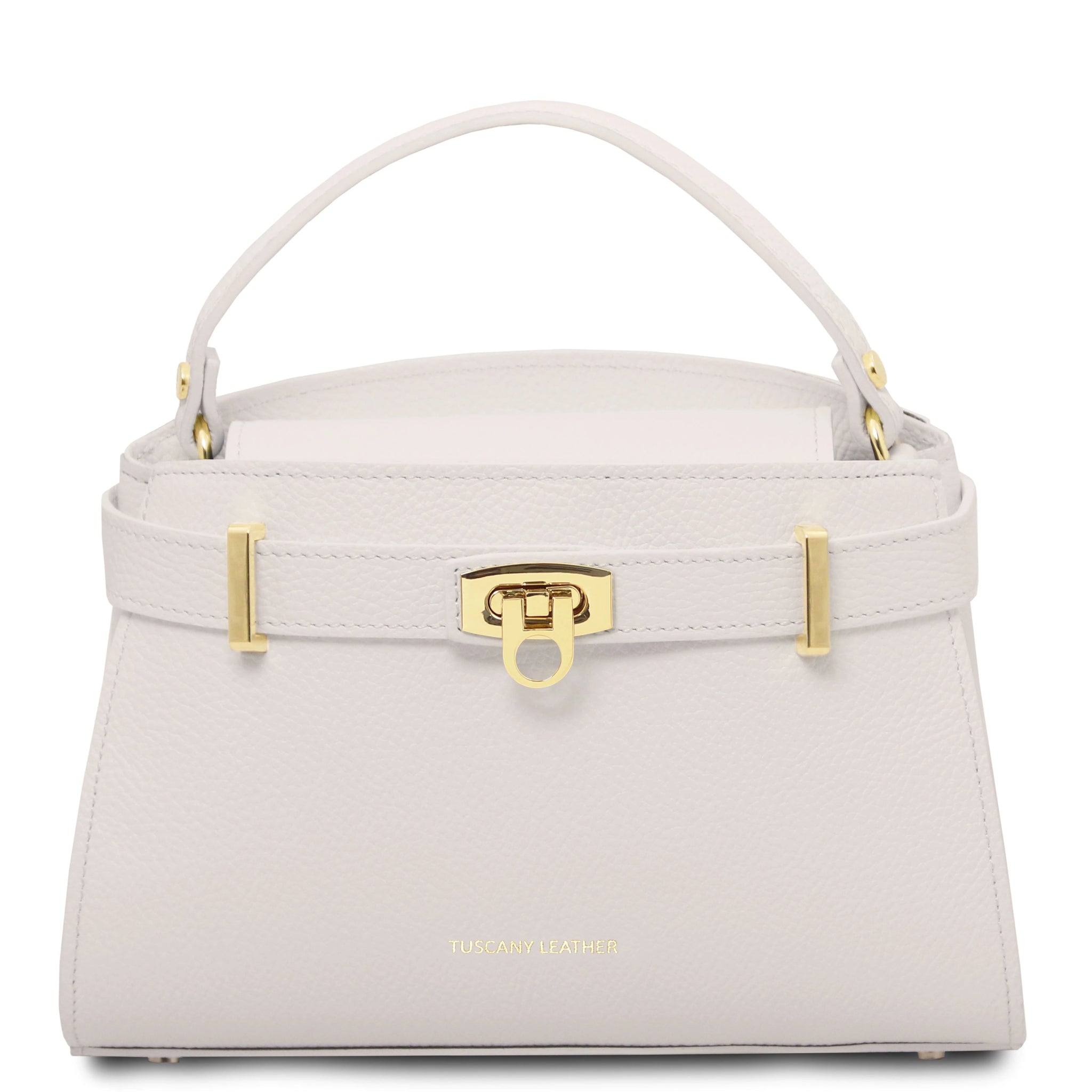 Front view Maisy Italian Leather Small Tote Bag in white showing belted front design with gold hardware accents and gold clasp buckle closure