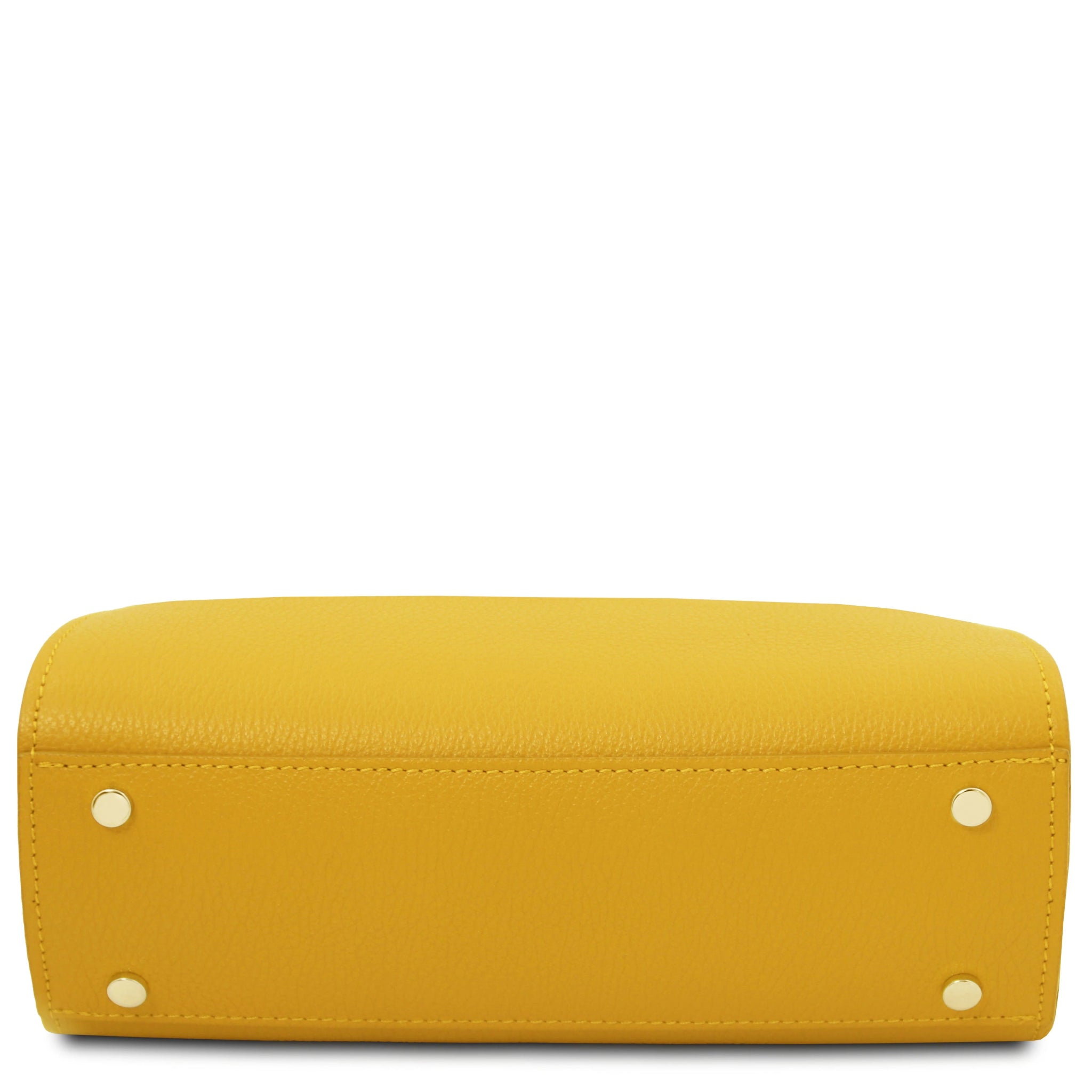 Bottom view Maisy Italian Leather Small Tote Bag in pastel yellow showing protective feet