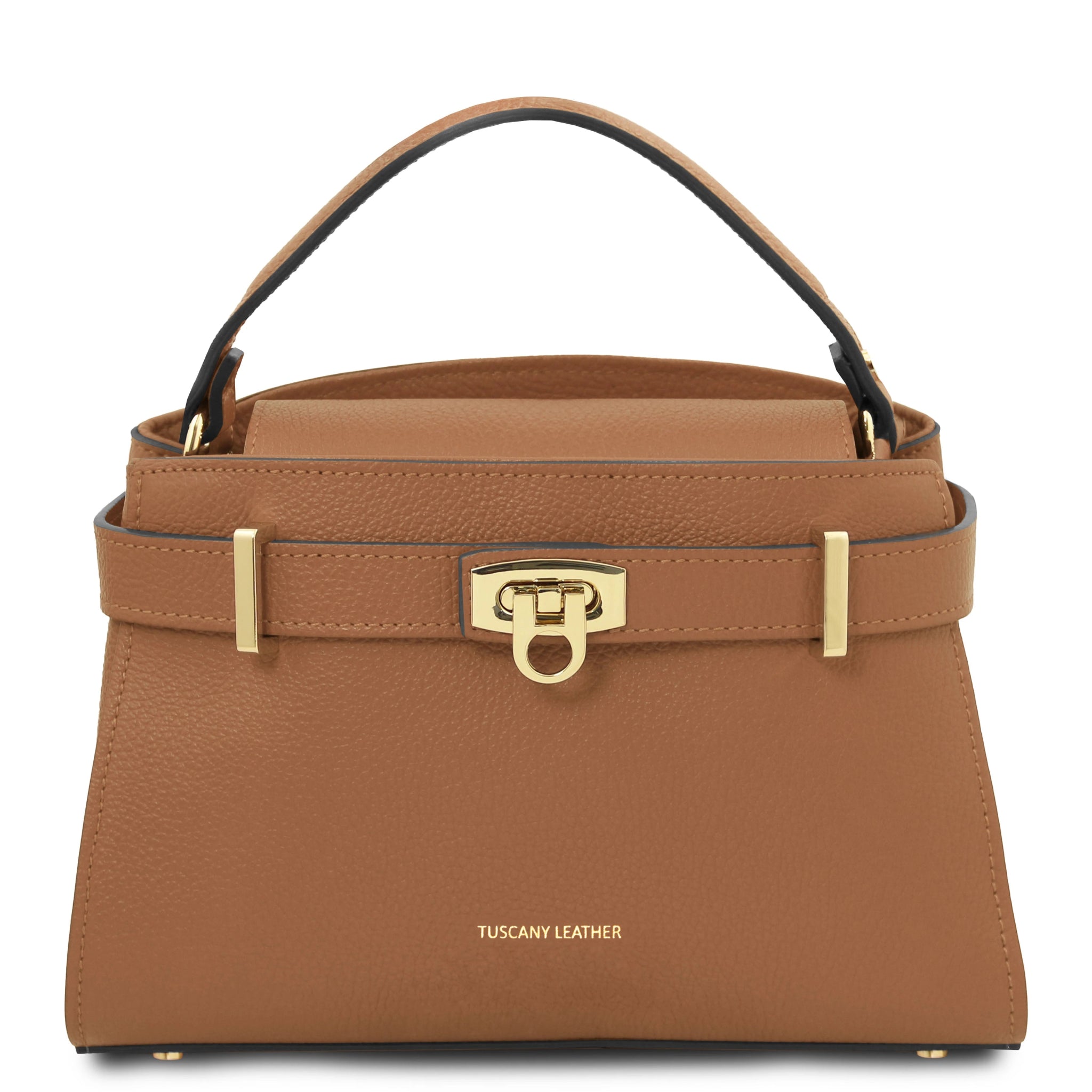 Front view Maisy Italian Leather Small Tote Bag in caramel showing handle and gold hardware