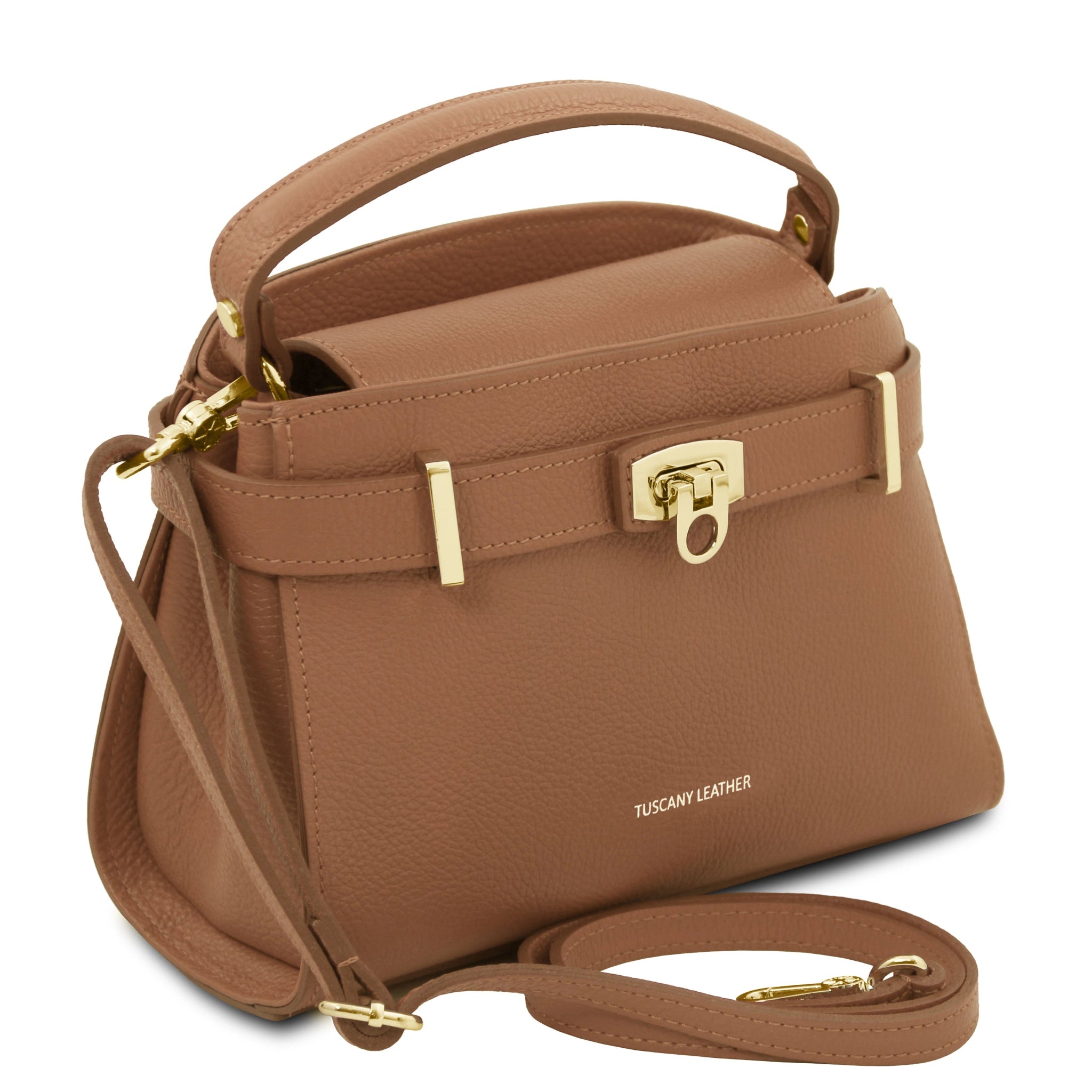 Front side view Maisy Italian Leather Small Tote Bag in caramel showing handle and adjustable, detachable shoulder strap