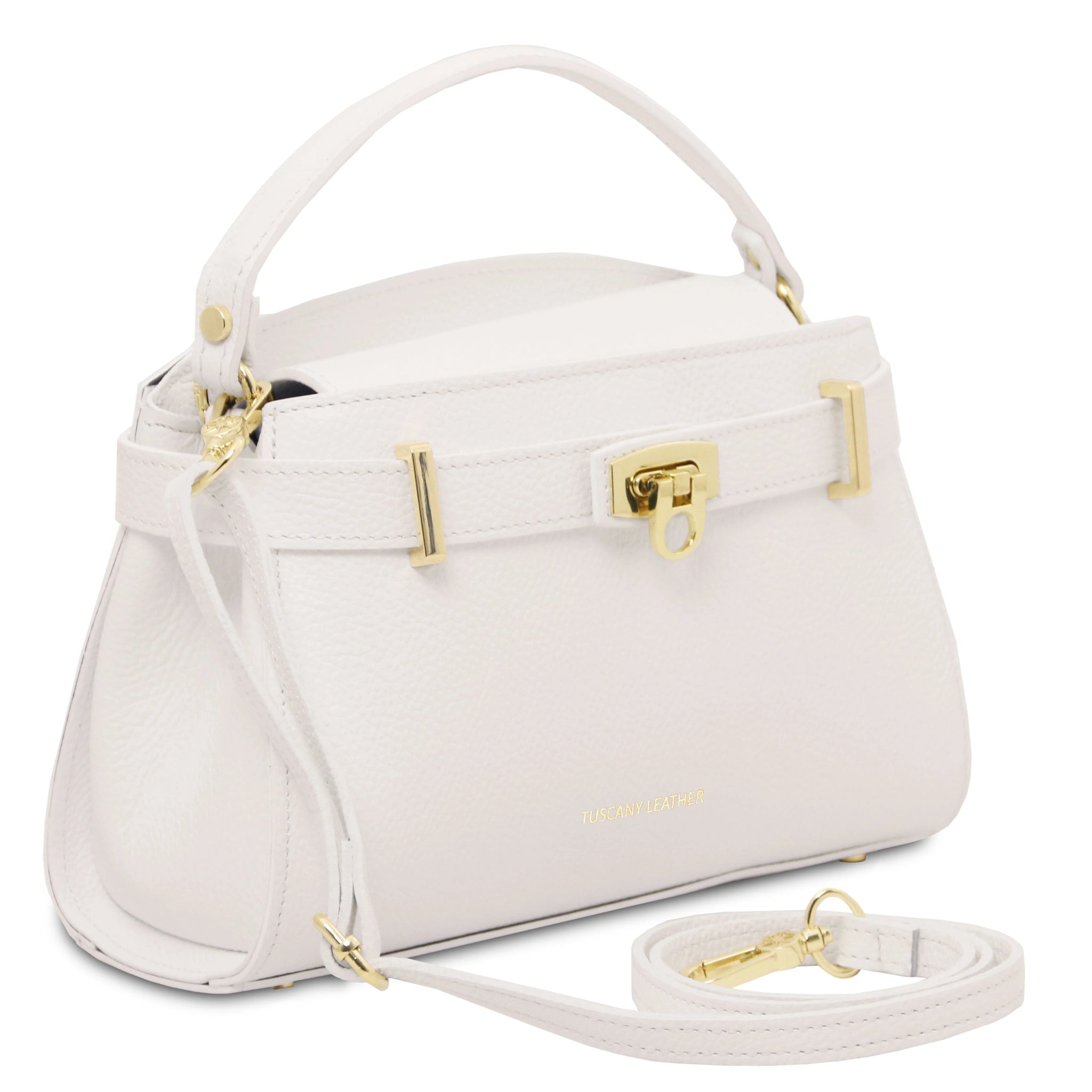 Front view Maisy Italian Leather Small Tote Bag in white showing gold tone hardware accents and detachable shoulder strap