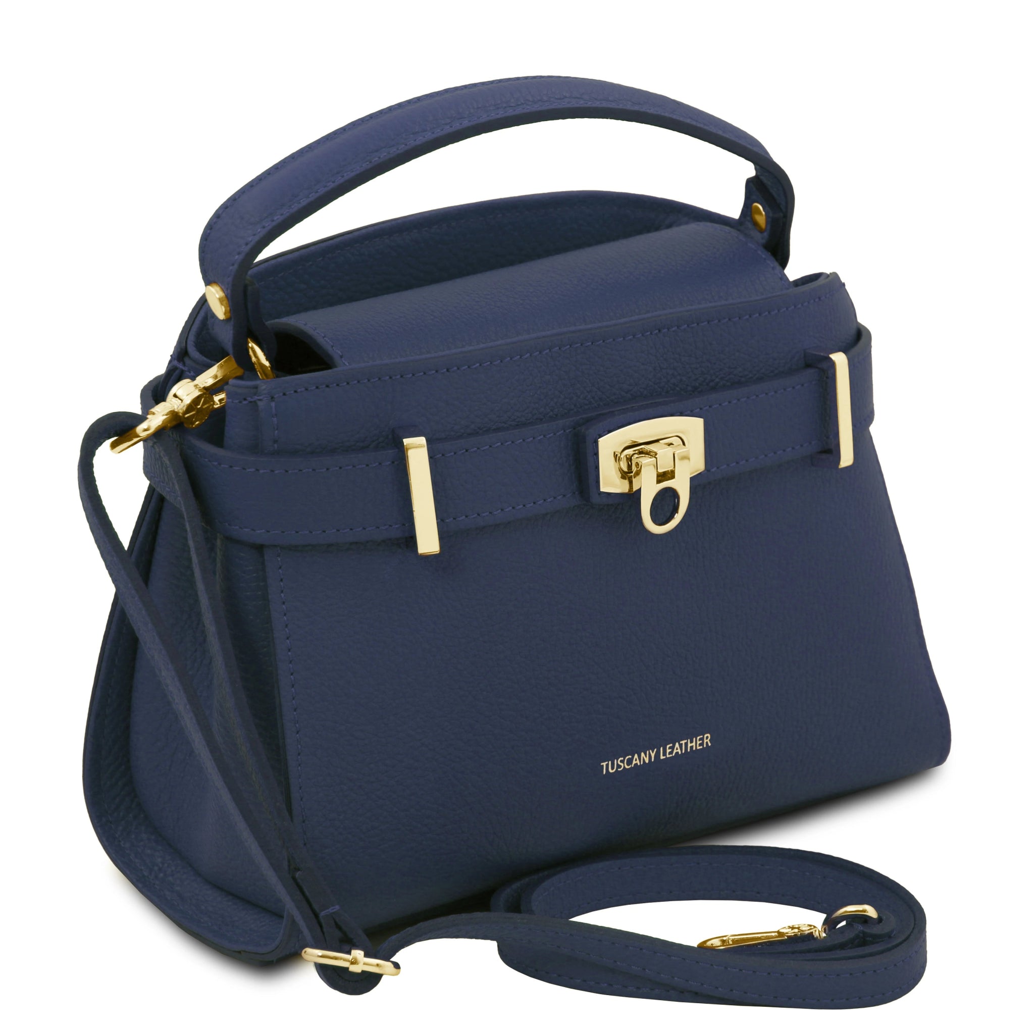 Front side view Maisy Italian Leather Small Tote Bag in dark blue showing handle and adjustable, detachable shoulder strap