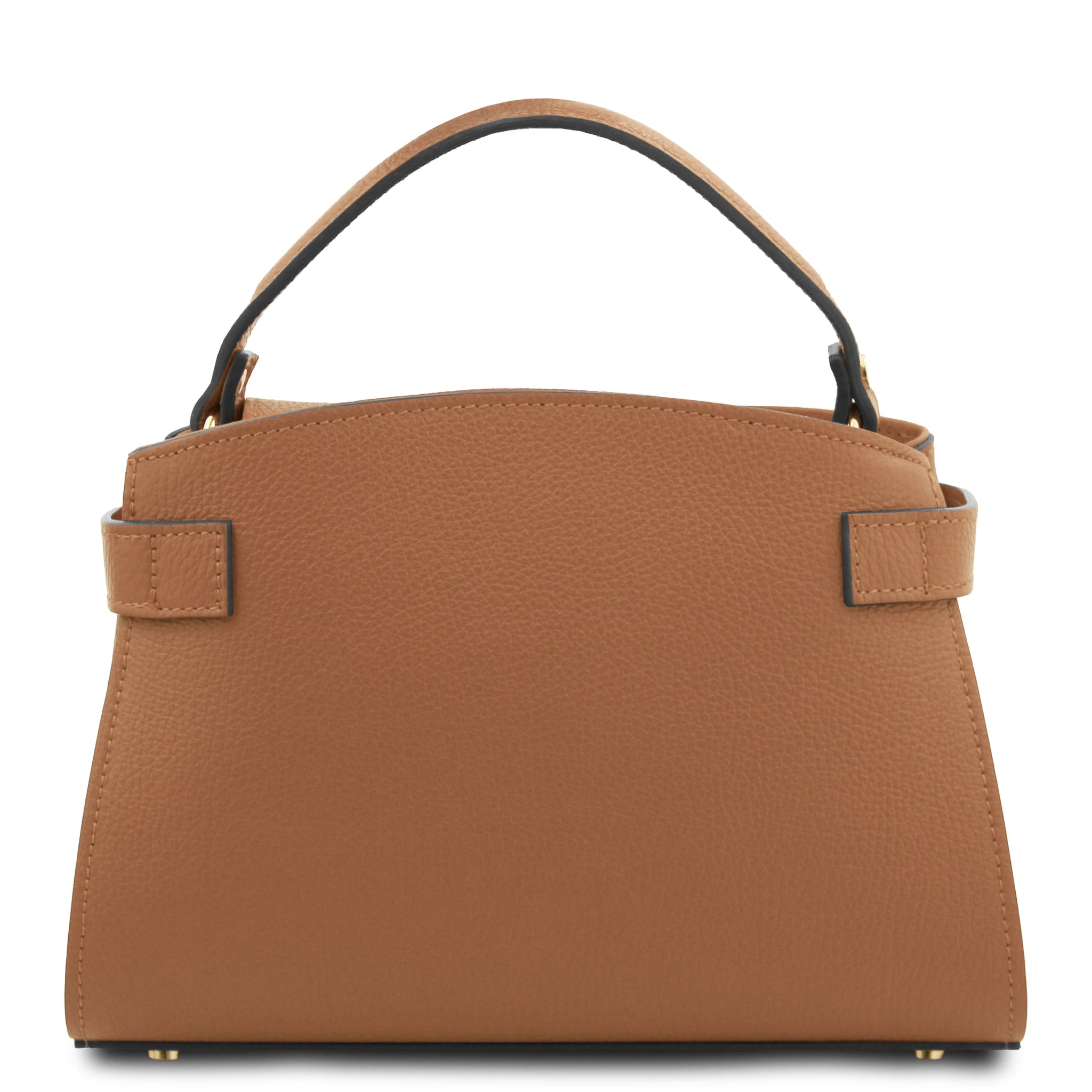 Black view Maisy Italian Leather Small Tote Bag in caramel showing handle and gold hardware