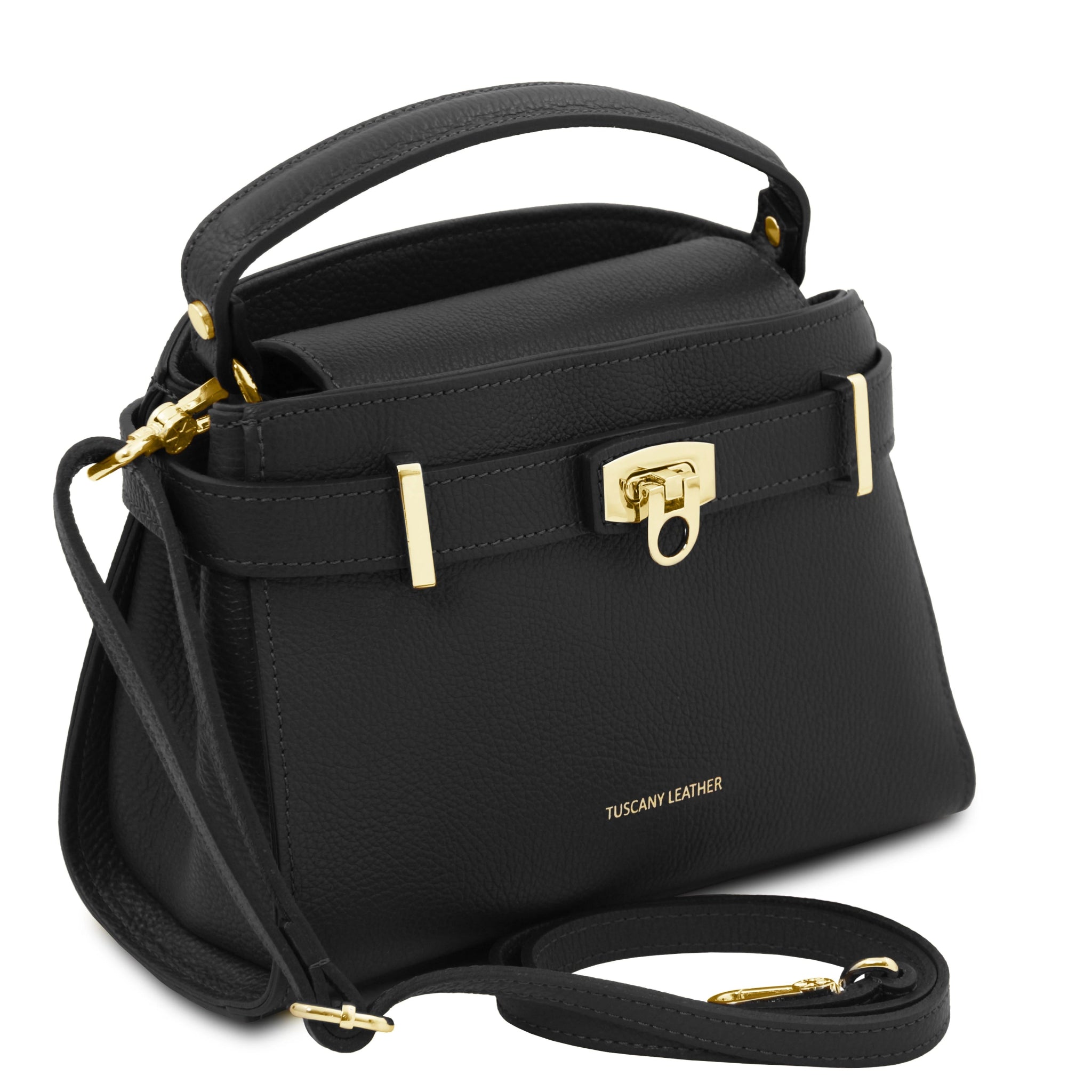 Front Angled View Maisy Italian Leather Small Tote Bag in Black showing handle and adjustable, detachable shoulder strap