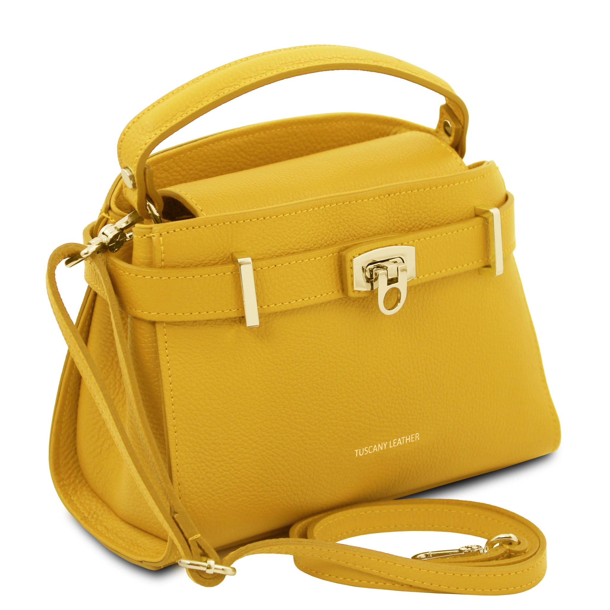 Front view Maisy Italian Leather Small Tote Bag in pastel yellow showing handle and adjustable and detachable shoulder strap