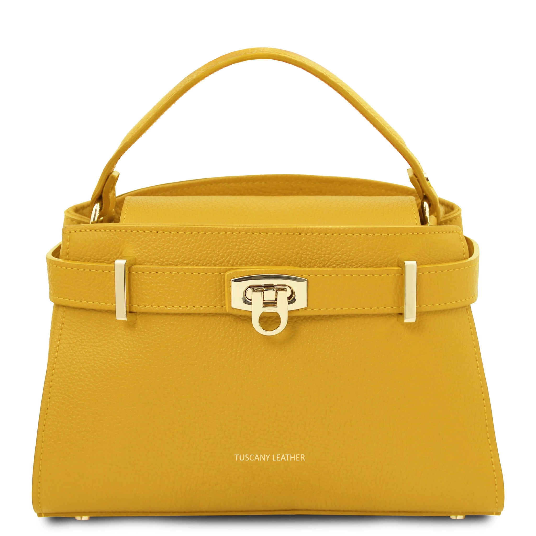 Front view Maisy Italian Leather Small Tote Bag in pastel yellow showing handle and gold hardware