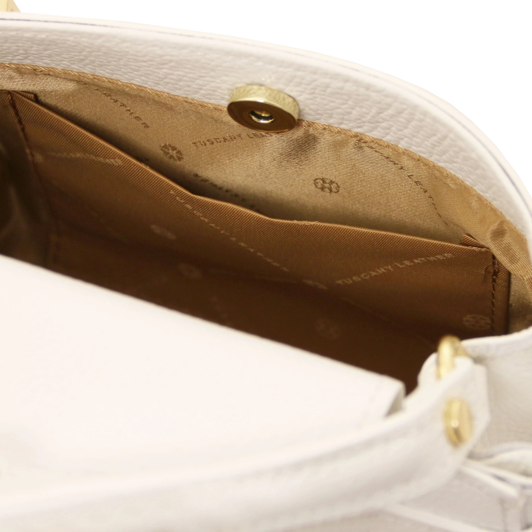 Interior opened view Maisy Italian Leather Small Tote Bag in white showing beige interior