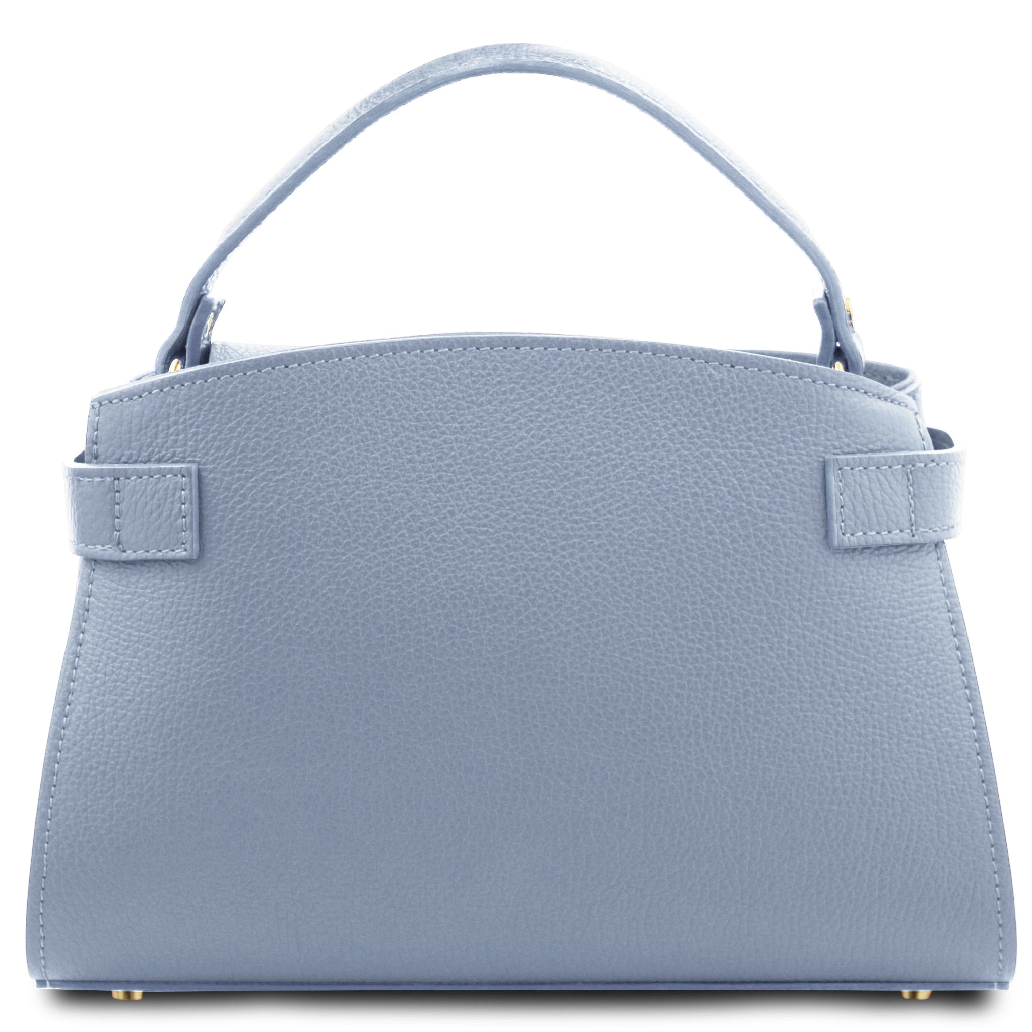 Maisy Italian Leather Tote Bag in Light Blue Back View showing the decorative leather strap ends elegantly looped around each side and stitched in the back.
