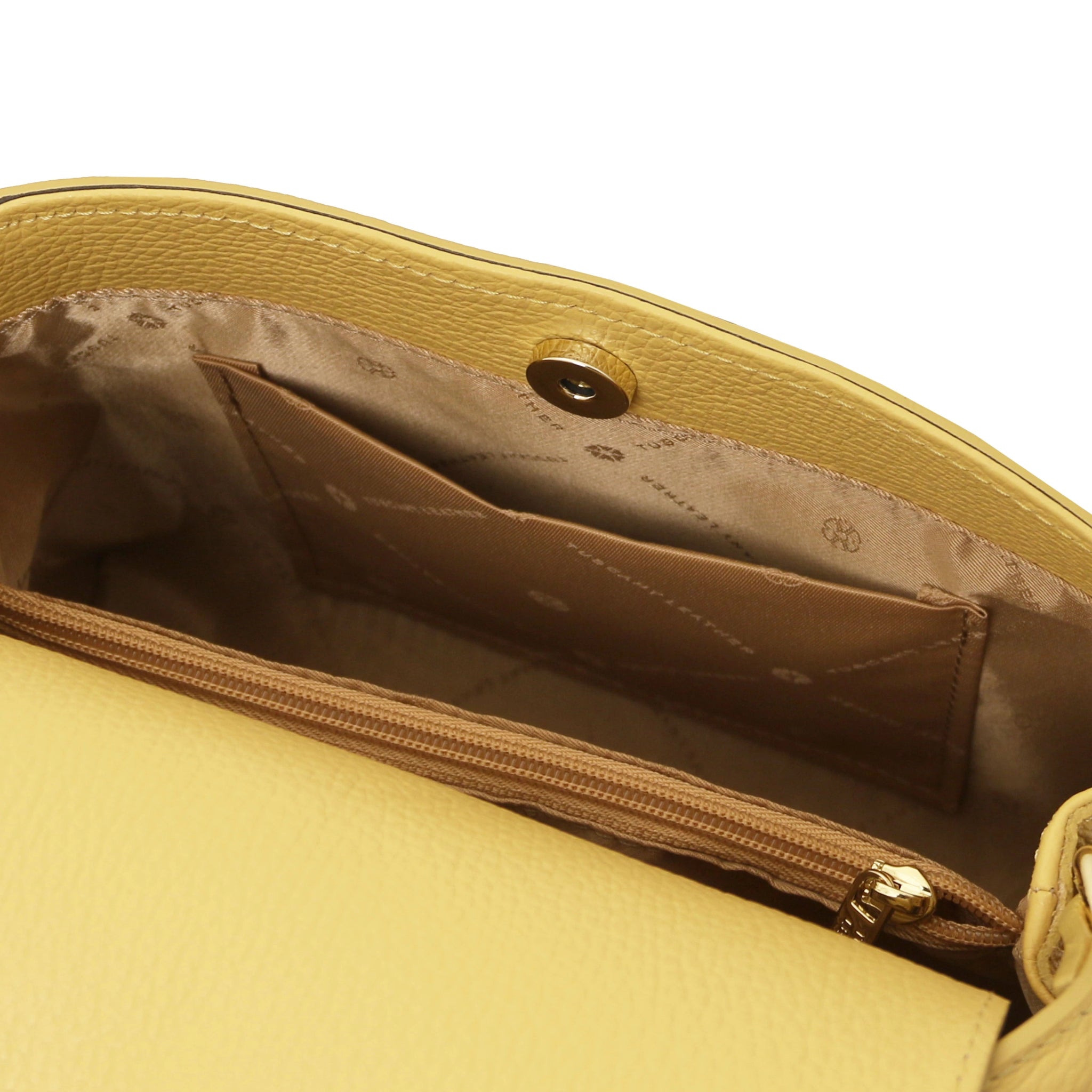 Interior opened pocket view Maisy Italian Leather Tote Bag in Pastel Yellow showing the red bag lining