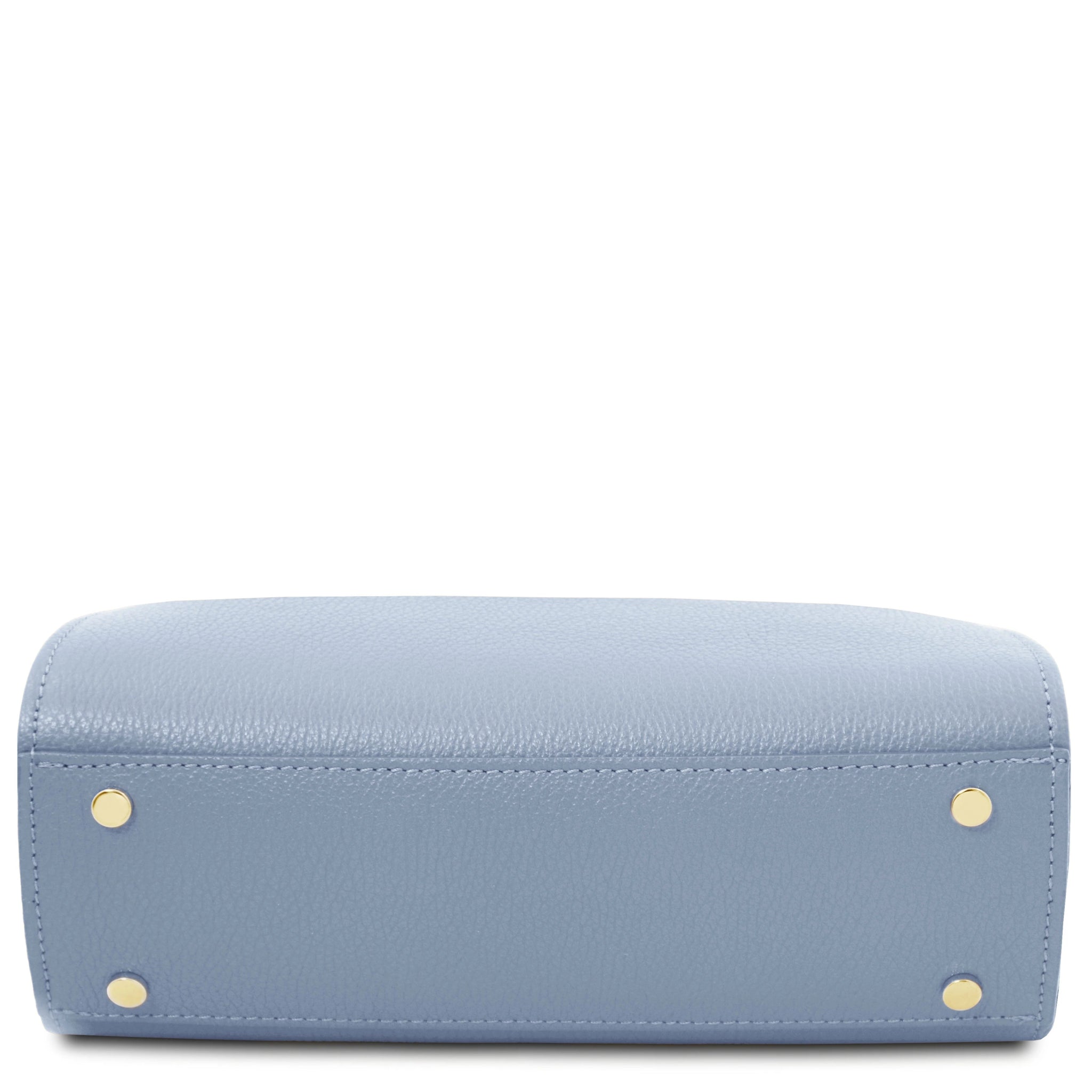 Maisy Italian Leather Tote Bag in Light Blue Bottom View with four golden protective meta feet