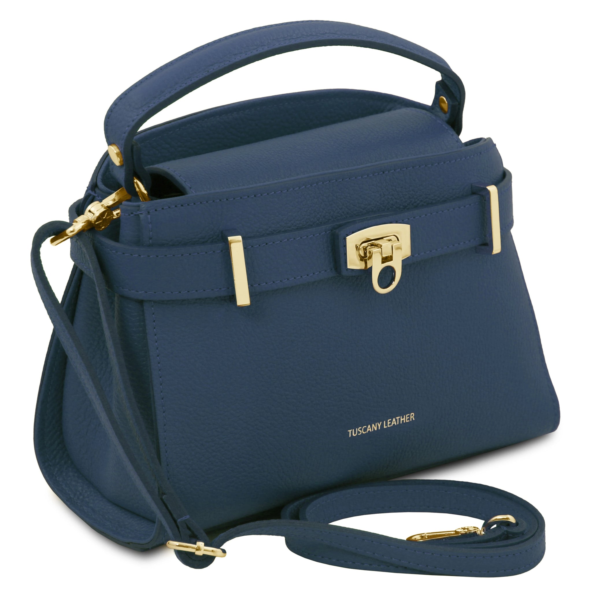 Maisy Italian Leather Tote Bag in Dark Blue front view with detachable crossbody strap