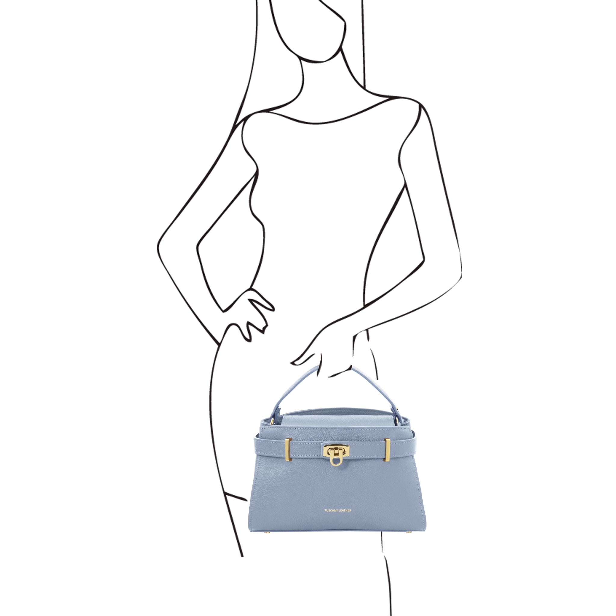 Black and white sketch of a woman holding the Maisy Italian Leather Tote Bag in Light Blue