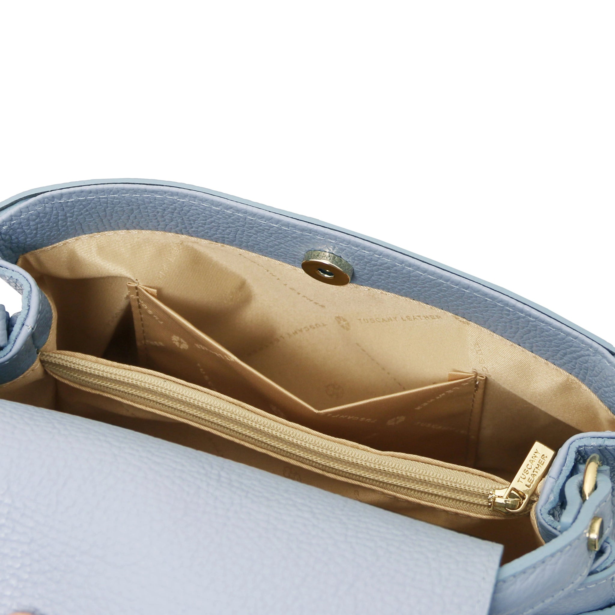 Interior opened pocket view Maisy Italian Leather Tote Bag in Light Blue showing the red bag lining