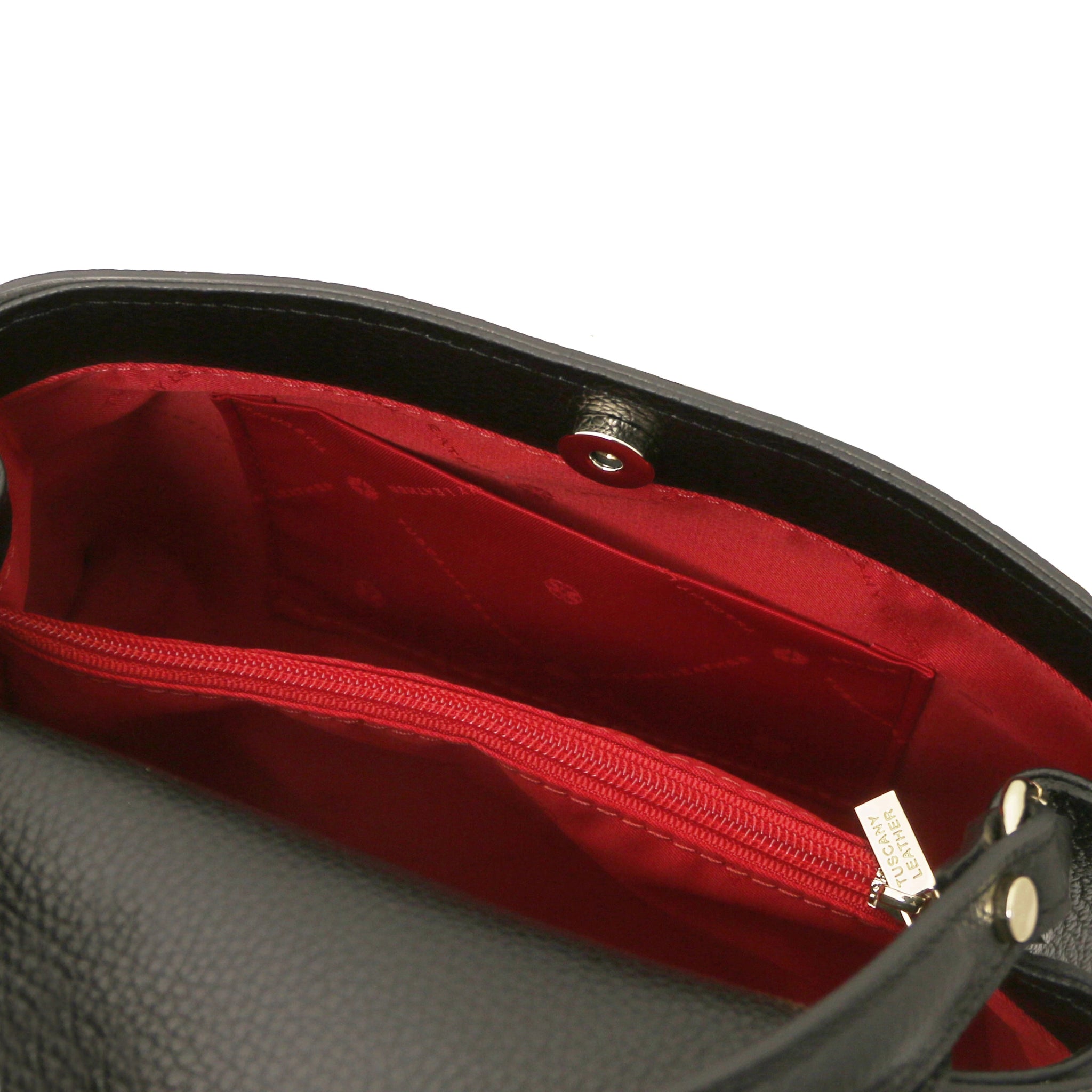Interiior opened pocket view Maisy Italian Leather Tote Bag in Black showing the red bag lining