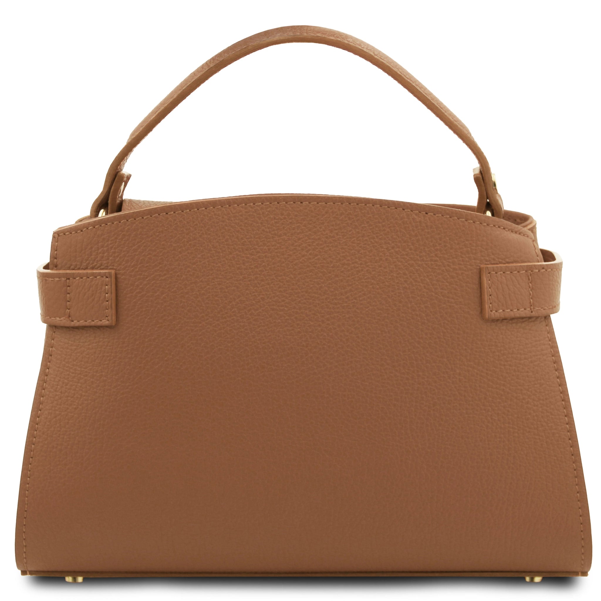 Maisy Italian Leather Tote Bag in Caramel Back View showing the decorative leather strap ends elegantly looped around each side and stitched in the back.