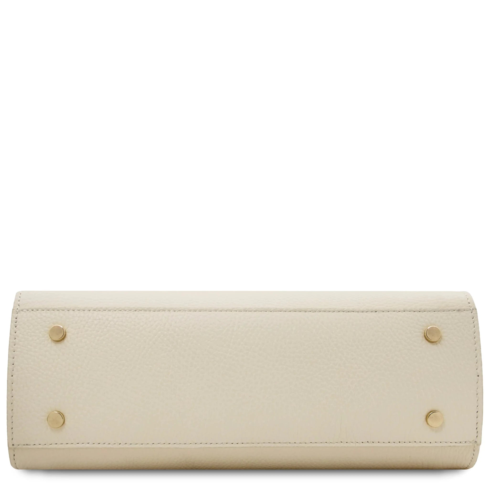 Front view Maisy Bottom view Italian Smooth Leather Tote in Beige showing protective metal feet