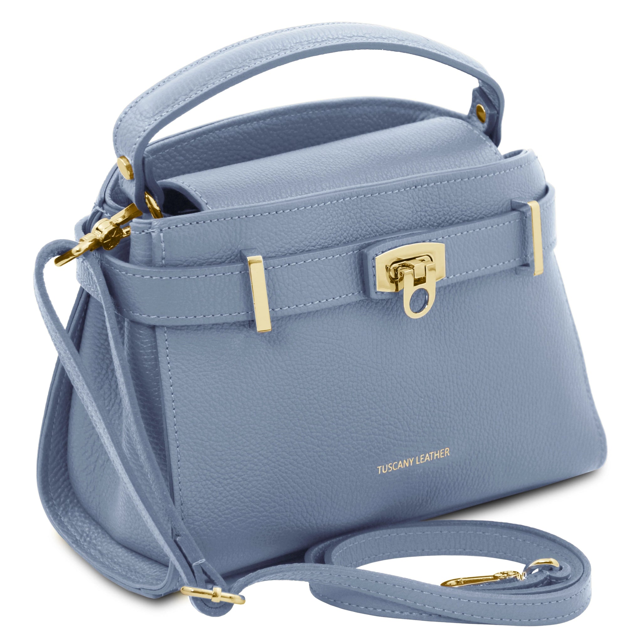 Maisy Italian Leather Tote Bag in Light Blue front view with detachable crossbody strap
