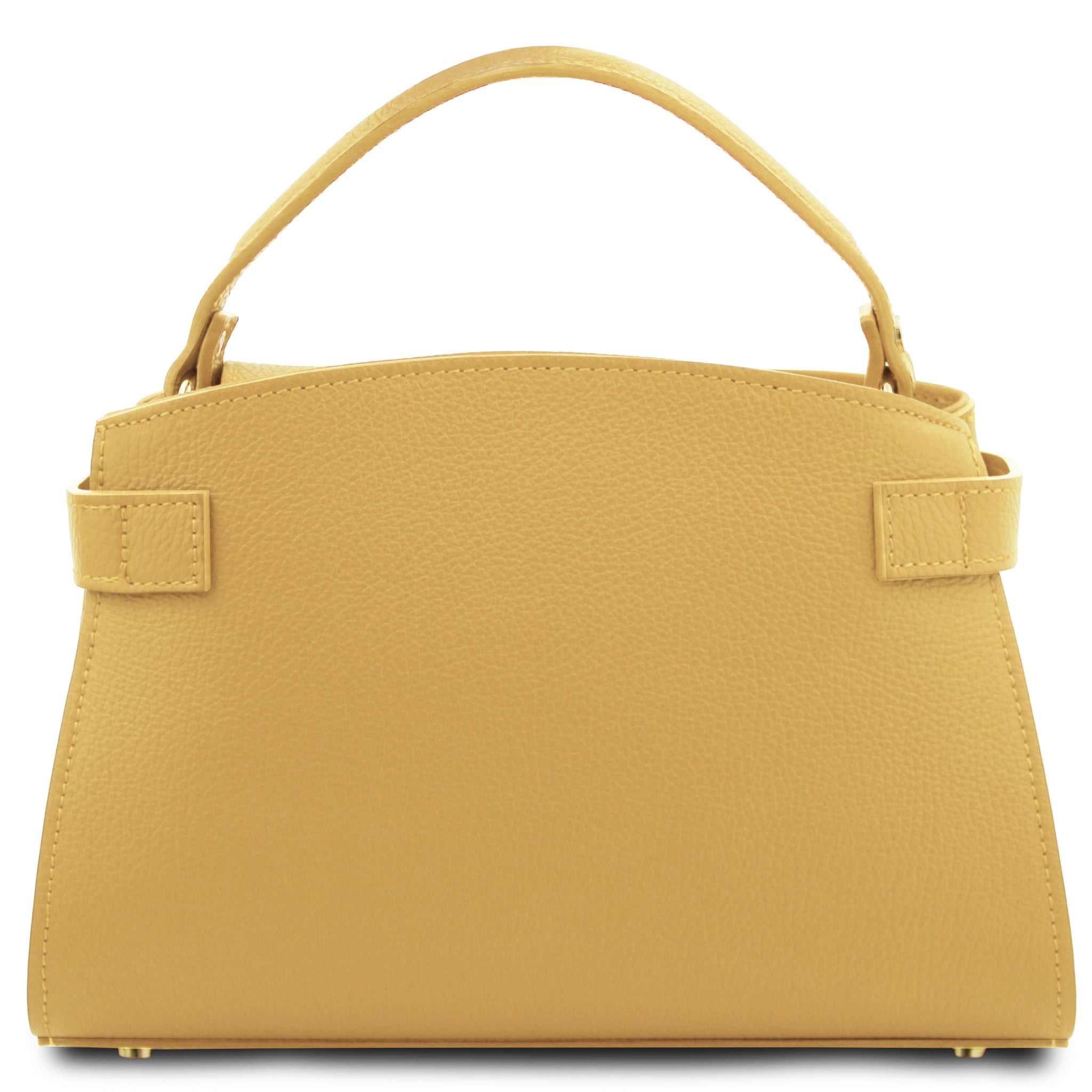 Maisy Italian Leather Tote Bag in Pastel Yellow Back View showing the decorative leather strap ends elegantly looped around each side and stitched in the back.