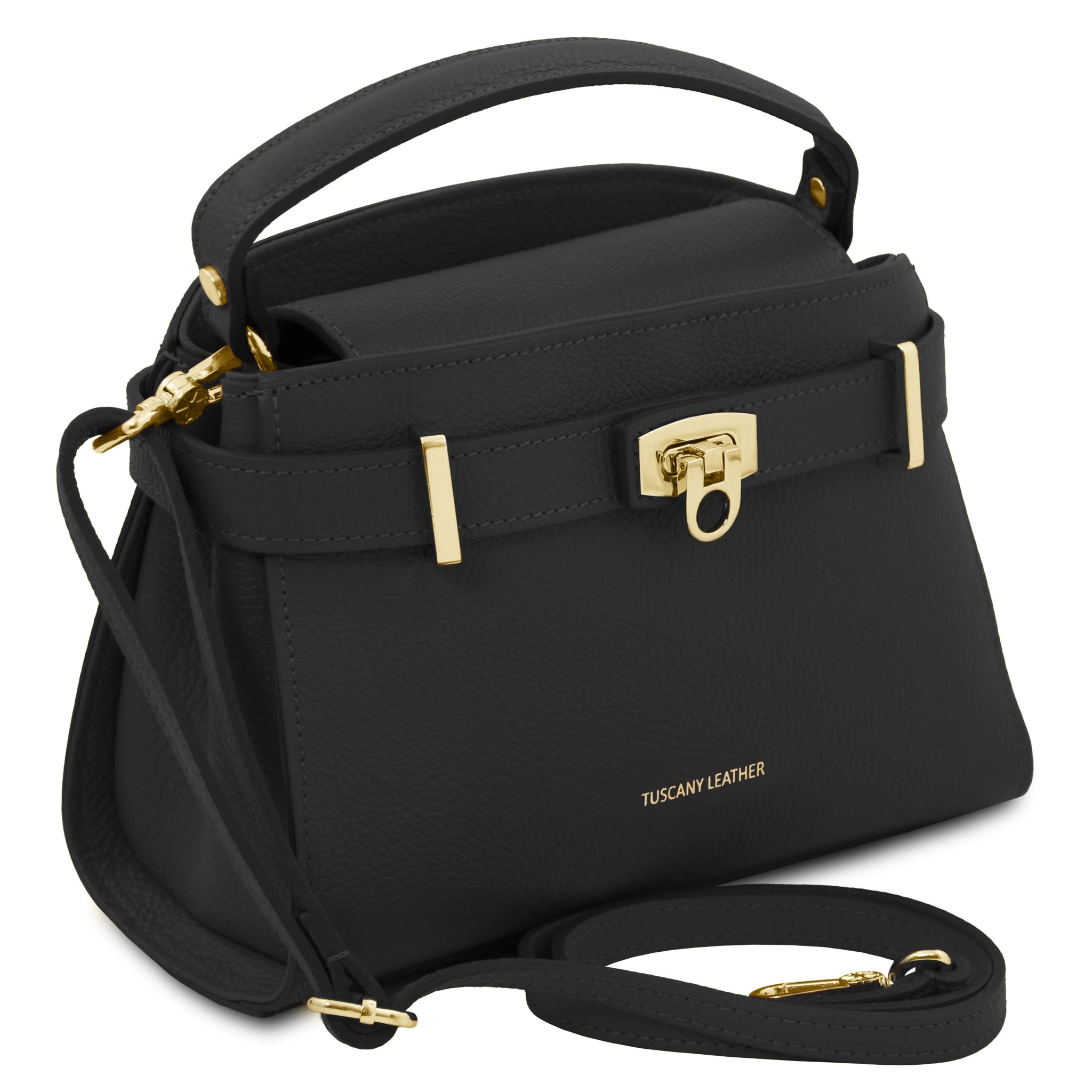 Maisy Italian Leather Tote Bag in Black front view with detachable crossbody strap