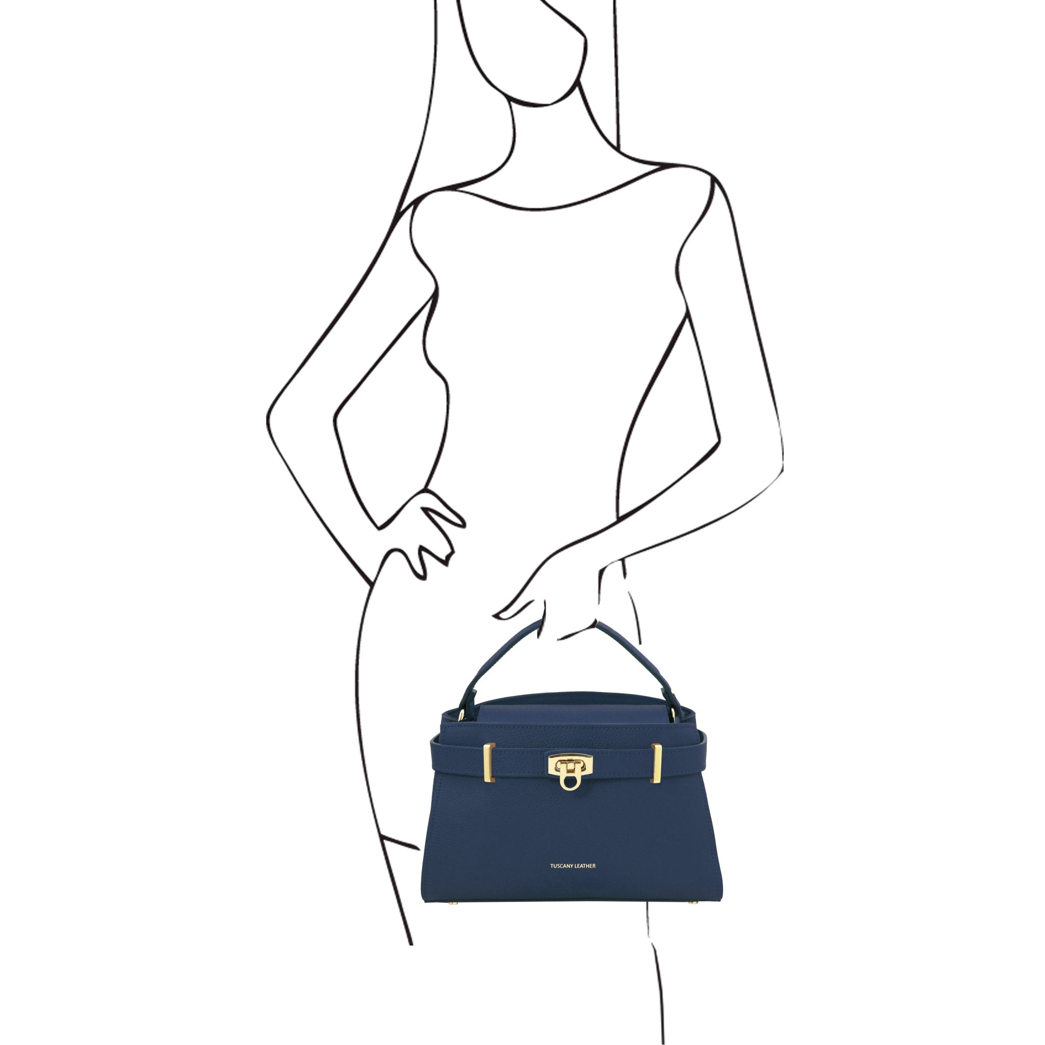 Black and white sketch of a woman holding the Maisy Italian Leather Tote Bag in Dark Blue