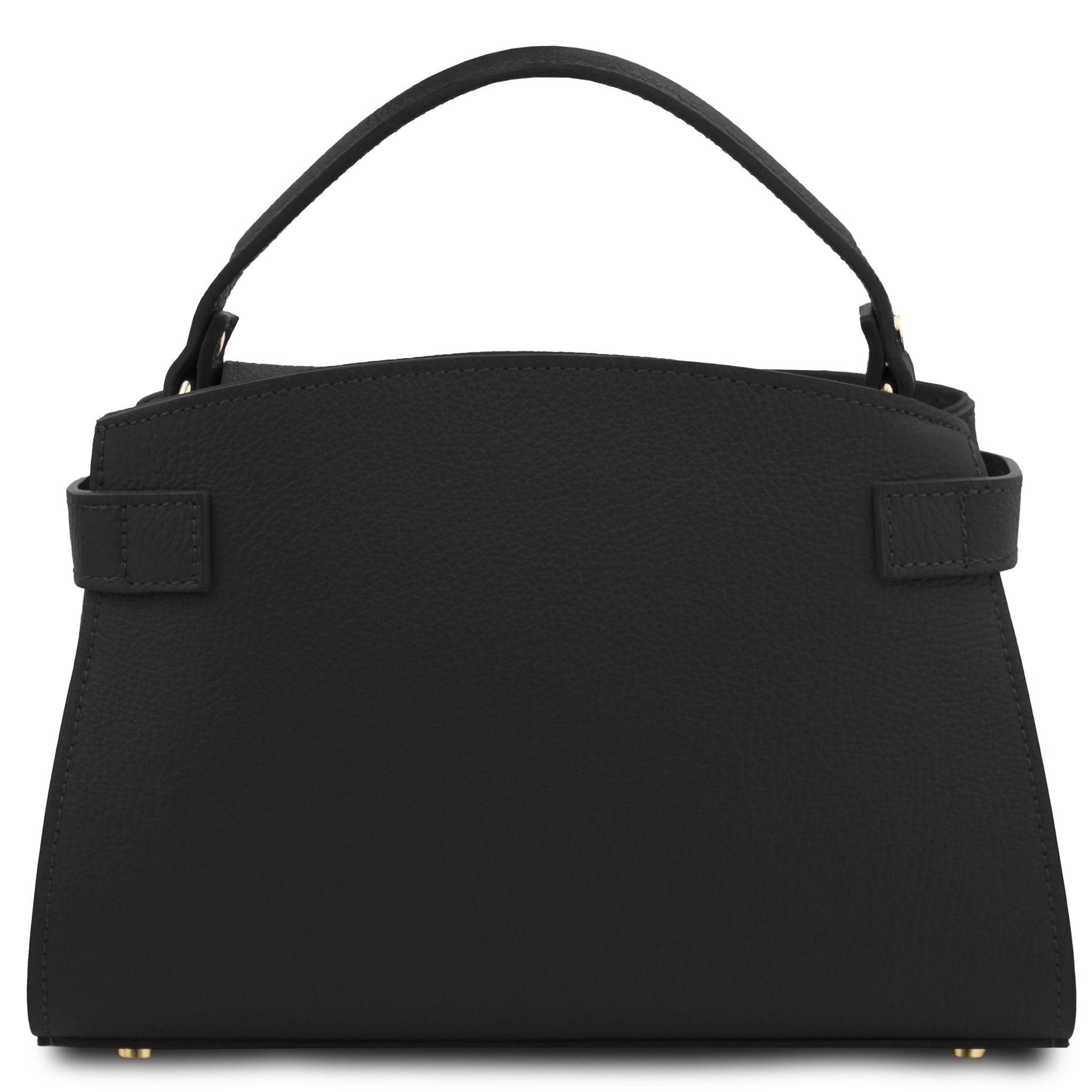 Maisy Italian Leather Tote Bag in Black Back View showing the decorative leather strap ends elegantly looped around each side and stitched in the back.