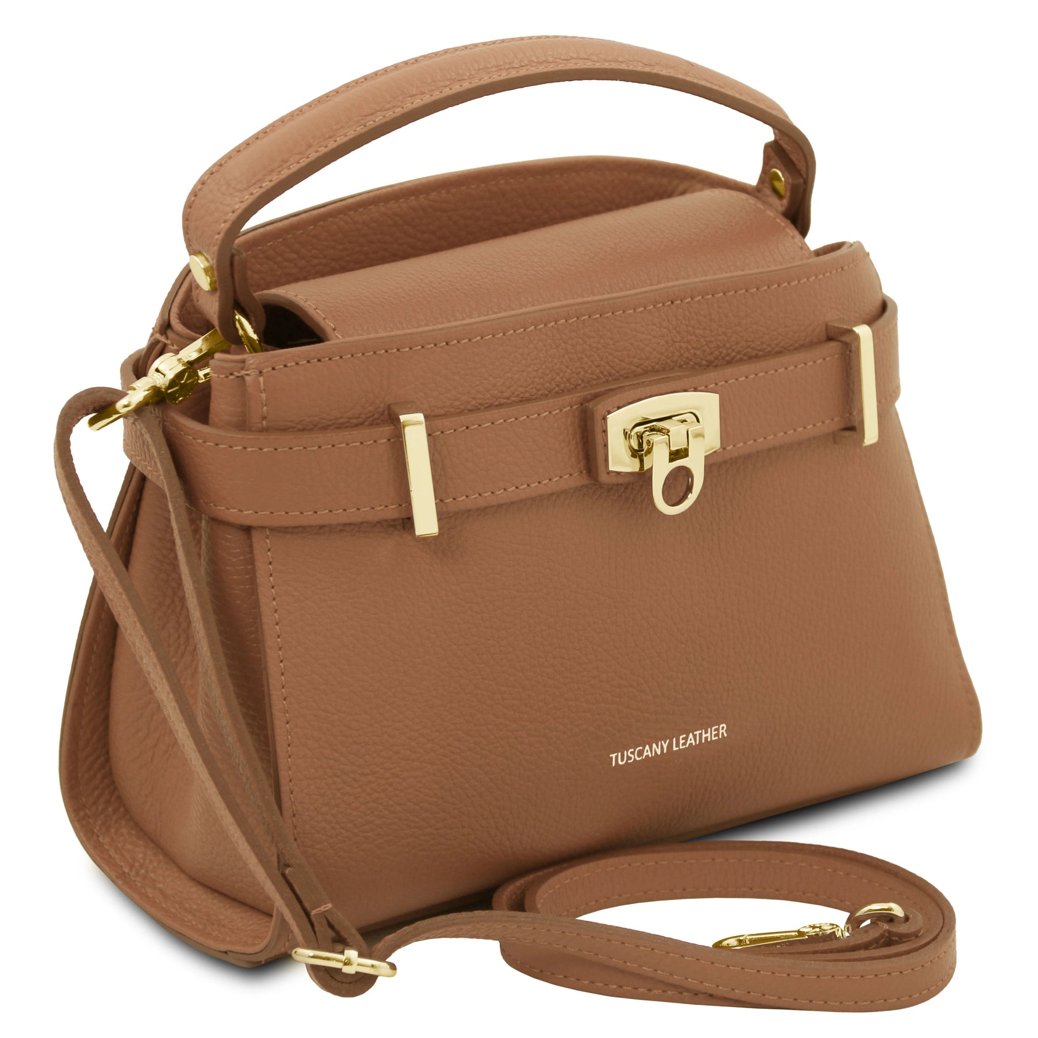 Maisy Italian Leather Tote Bag in Caramel front view with detachable crossbody strap