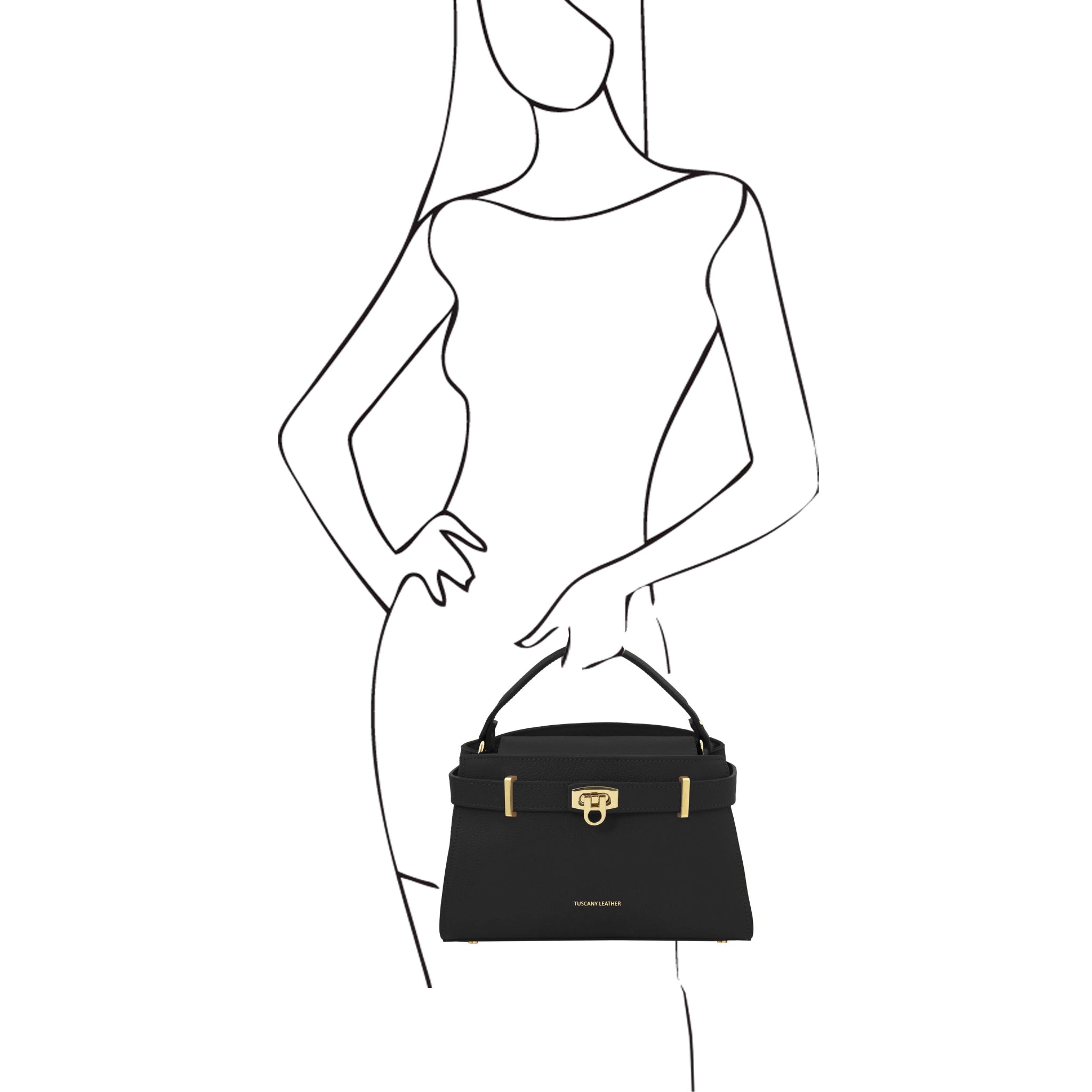 Black and white sketch of a woman holding the Maisy Italian Leather Tote Bag in Black