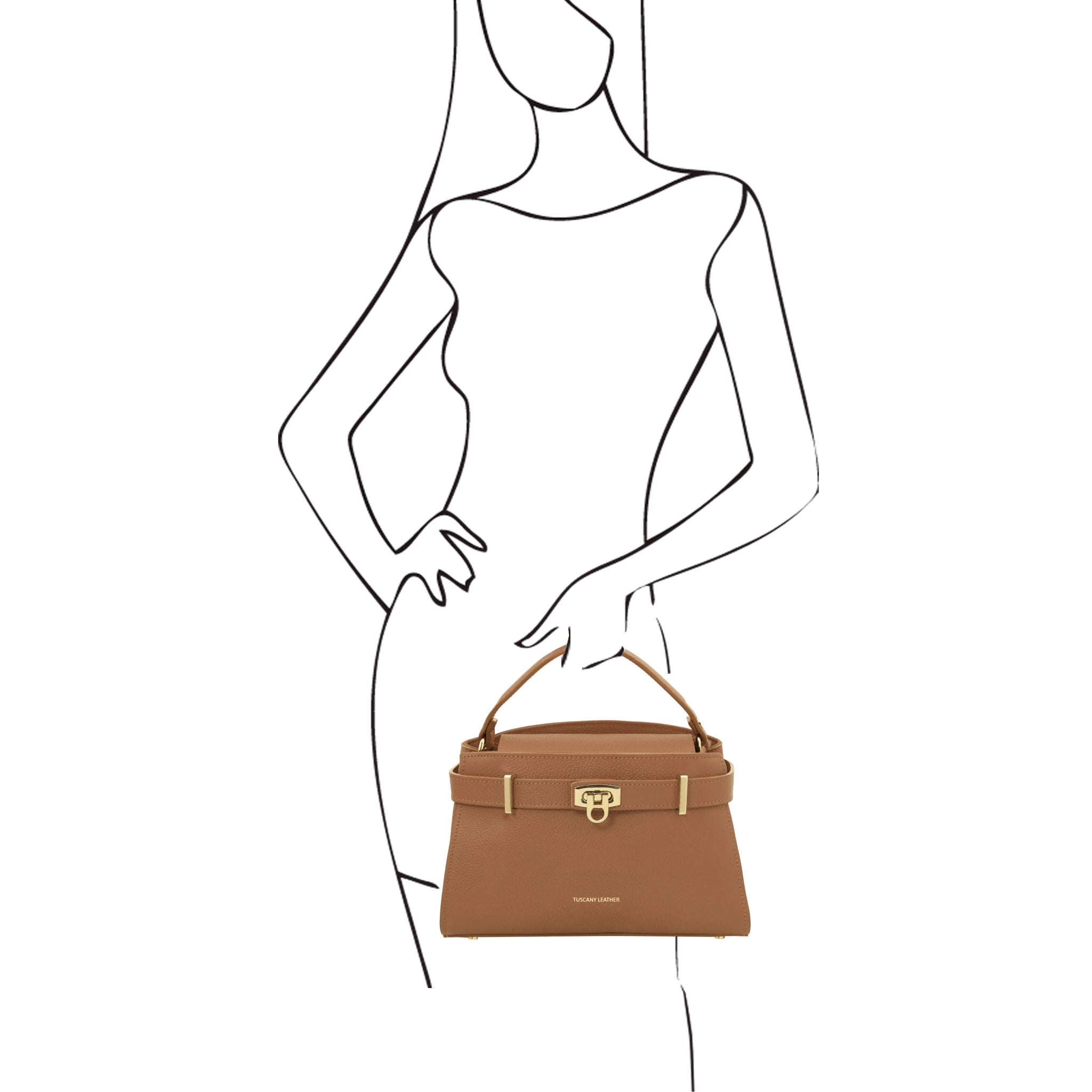 Black and white sketch of a woman holding the Maisy Italian Leather Caramel