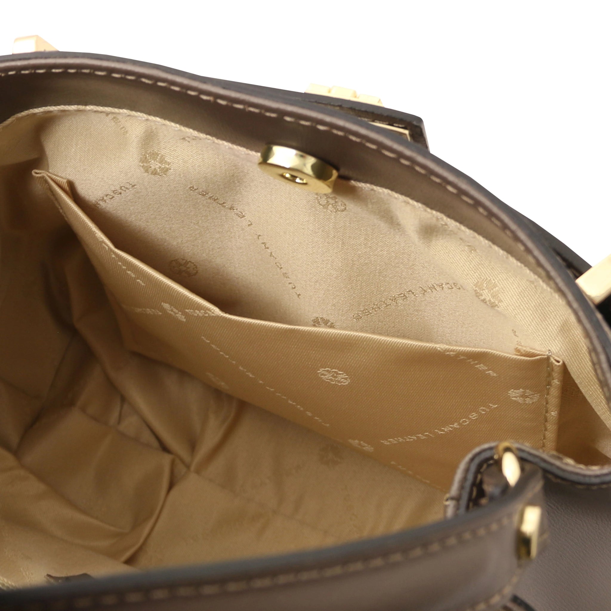 Interior opened pocket view Maisy Italian Leather Tote Bag in Dark Taupe showing the beige bag lining
