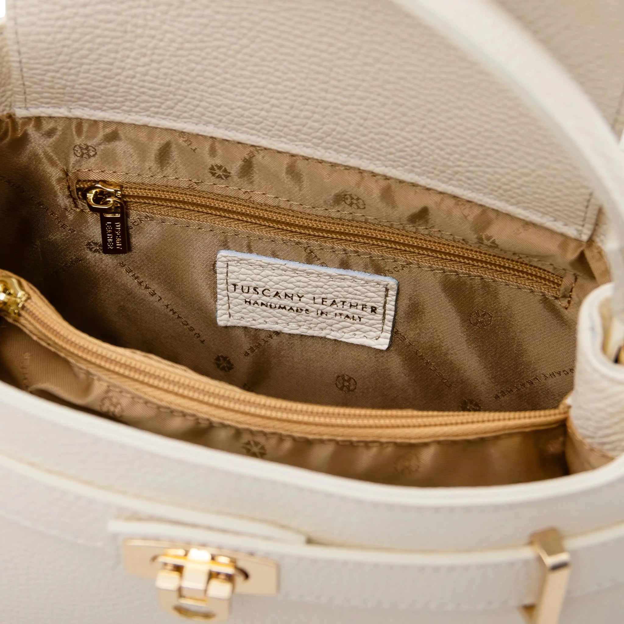 interior zip pocket view Maisy Italian Leather Tote Bag in Beige with tan bag lining