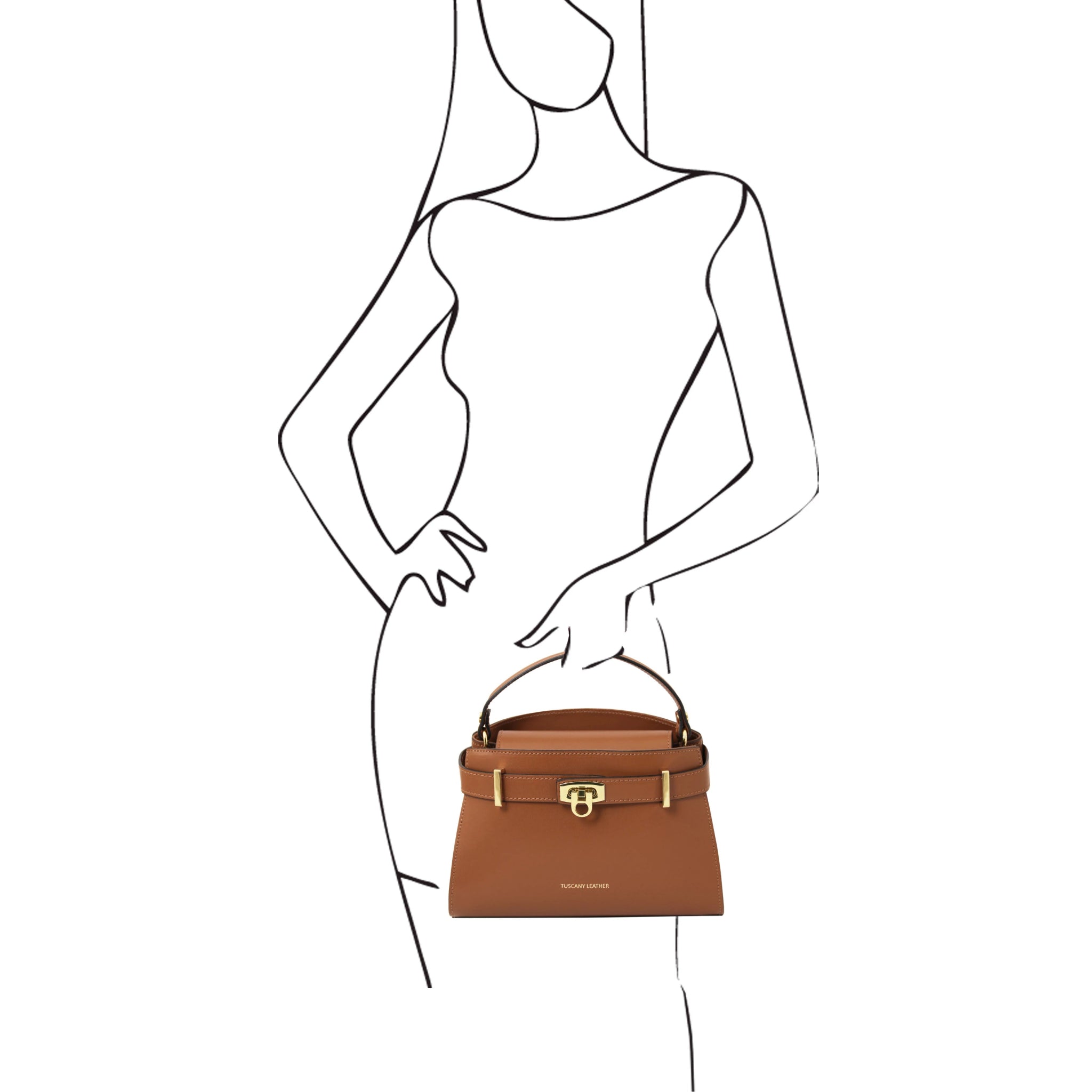 Black and white sketch of a woman holding the Maisy Italian Leather Cognac