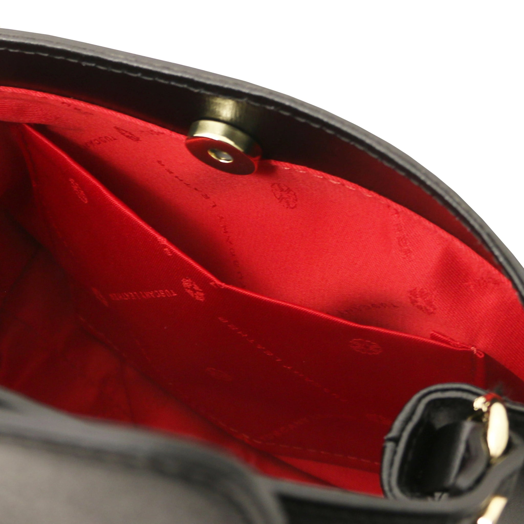interior open pocket view Maisy Italian Leather Tote Bag in Black showing the red bag lining