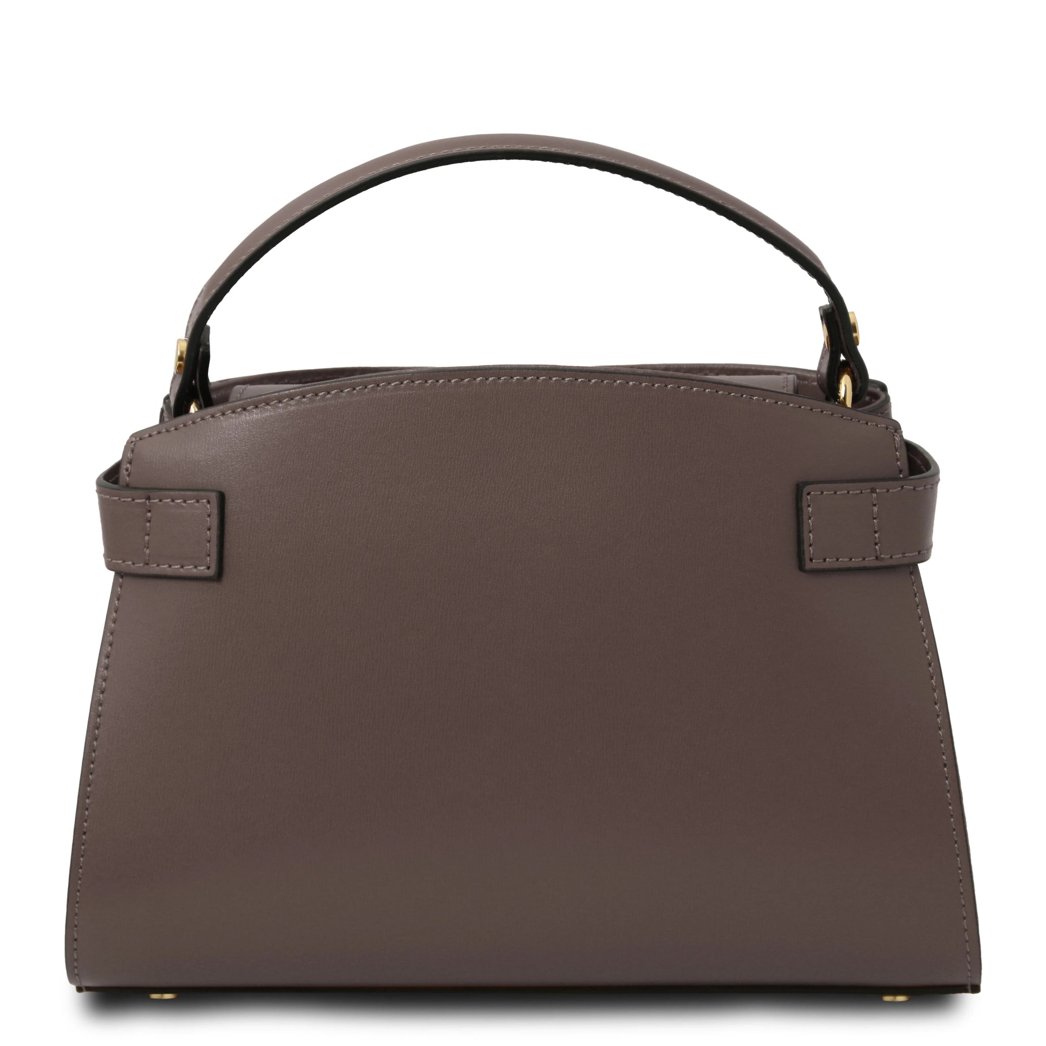 Maisy Italian Leather Tote Bag Dark Taupe Back View showing decorative leather straps that loop around each side,to the back.