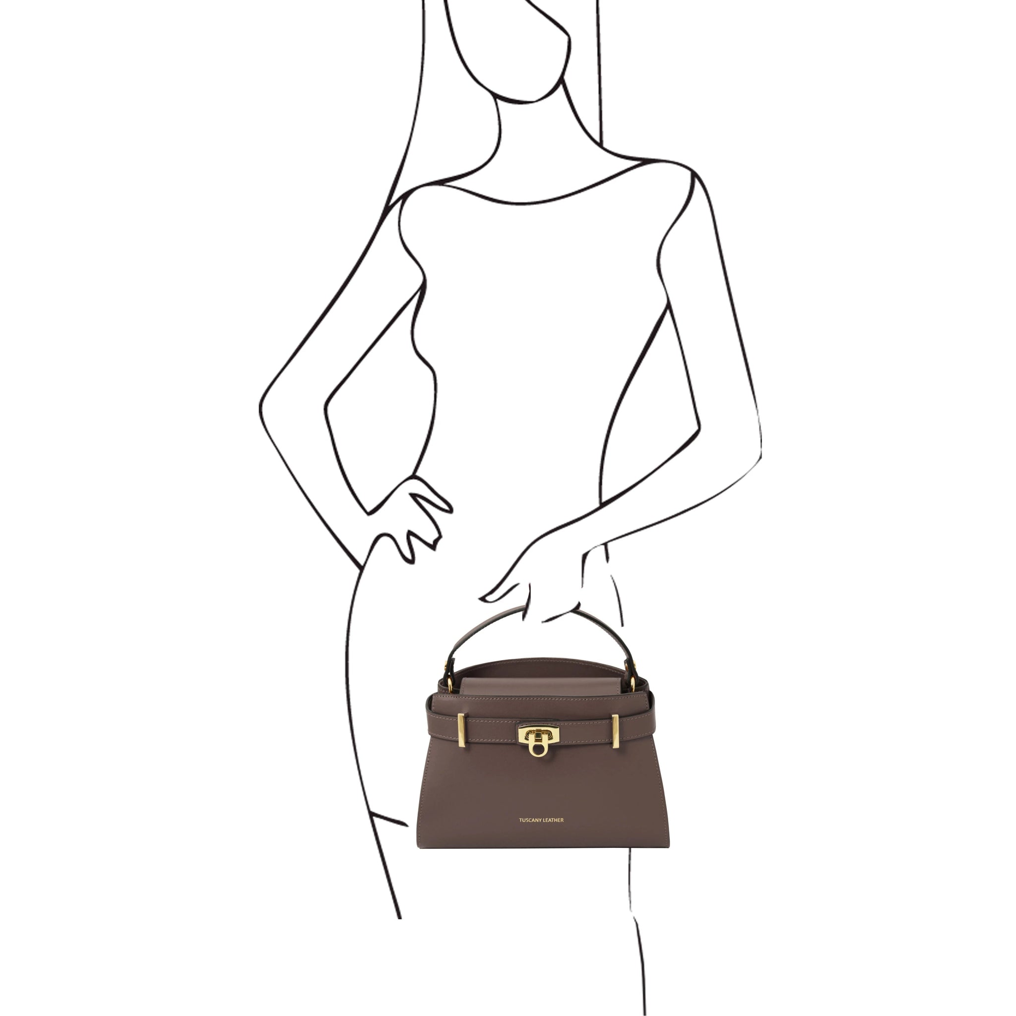 Black and white sketch of a woman holding the Maisy Italian Leather Tote Bag in Dark Taupe