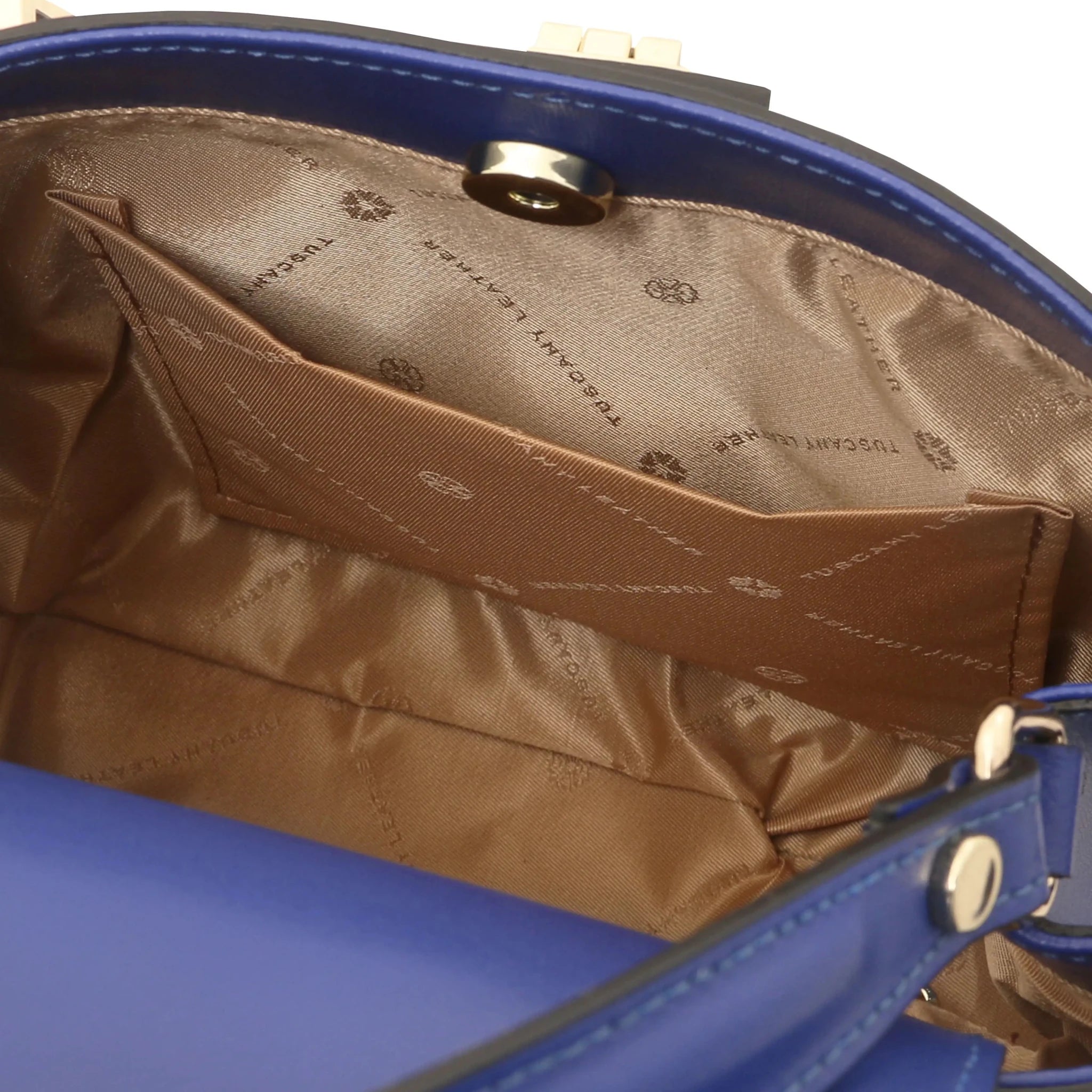 interior open pocket view Maisy Italian Leather Tote Bag in Blue showing its beige bag lining