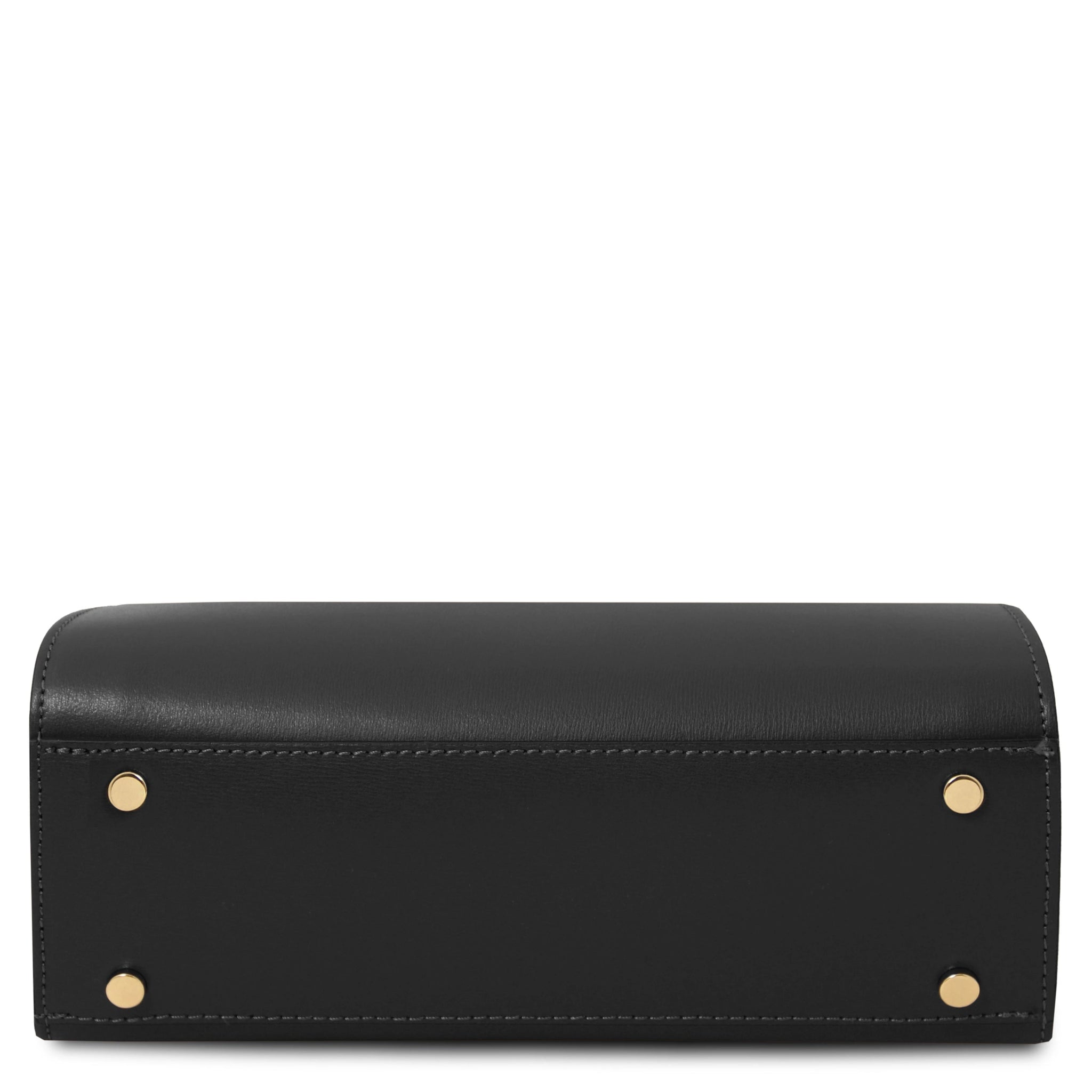 Front view Maisy Bottom view Italian Smooth Leather Tote in Black showing protective metal feet