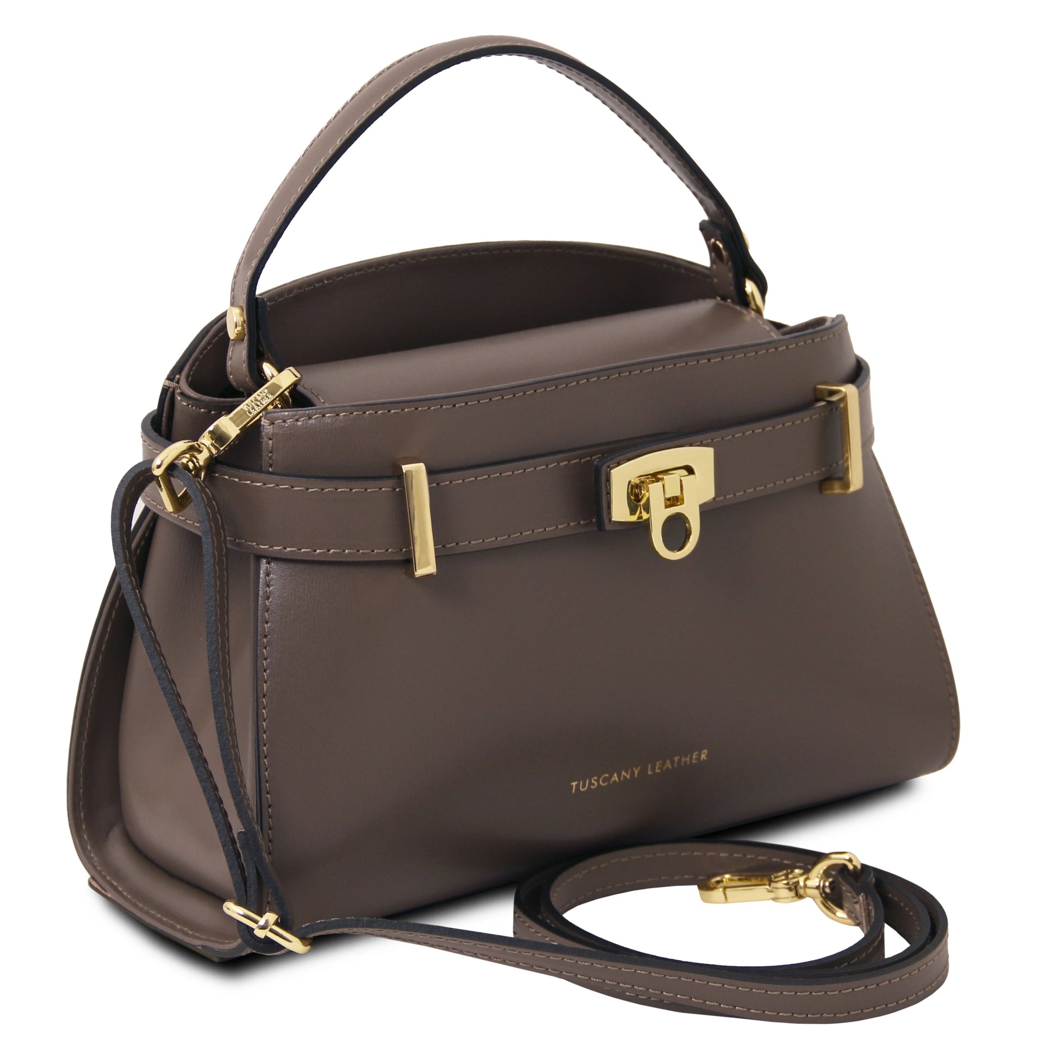 Maisy Italian Leather Tote Bag in Dark Taupe front view with detachable crossbody strap