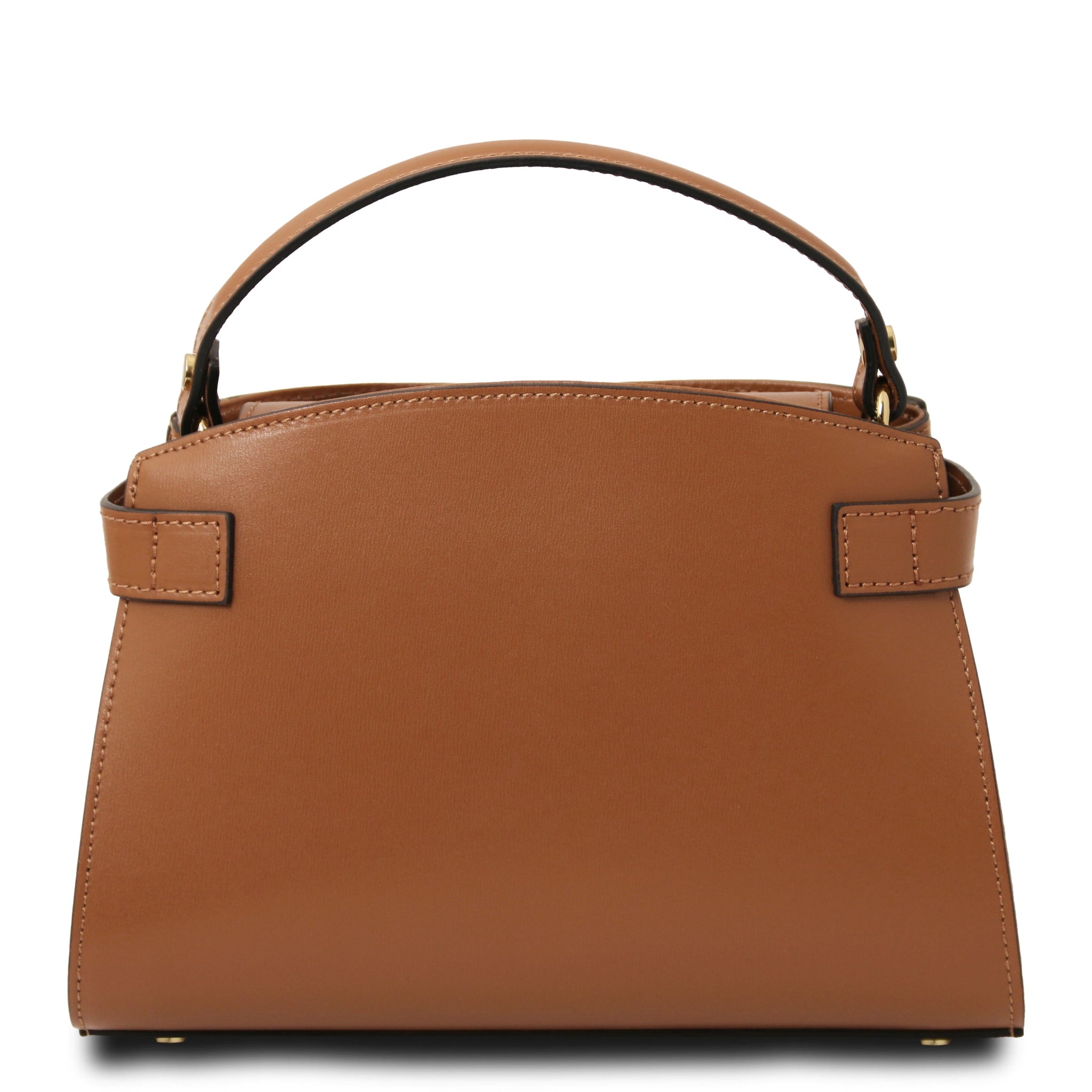 Maisy Italian Leather Tote Bag in Cognac Back View showing decorative leather straps that loop around each side,to the back.