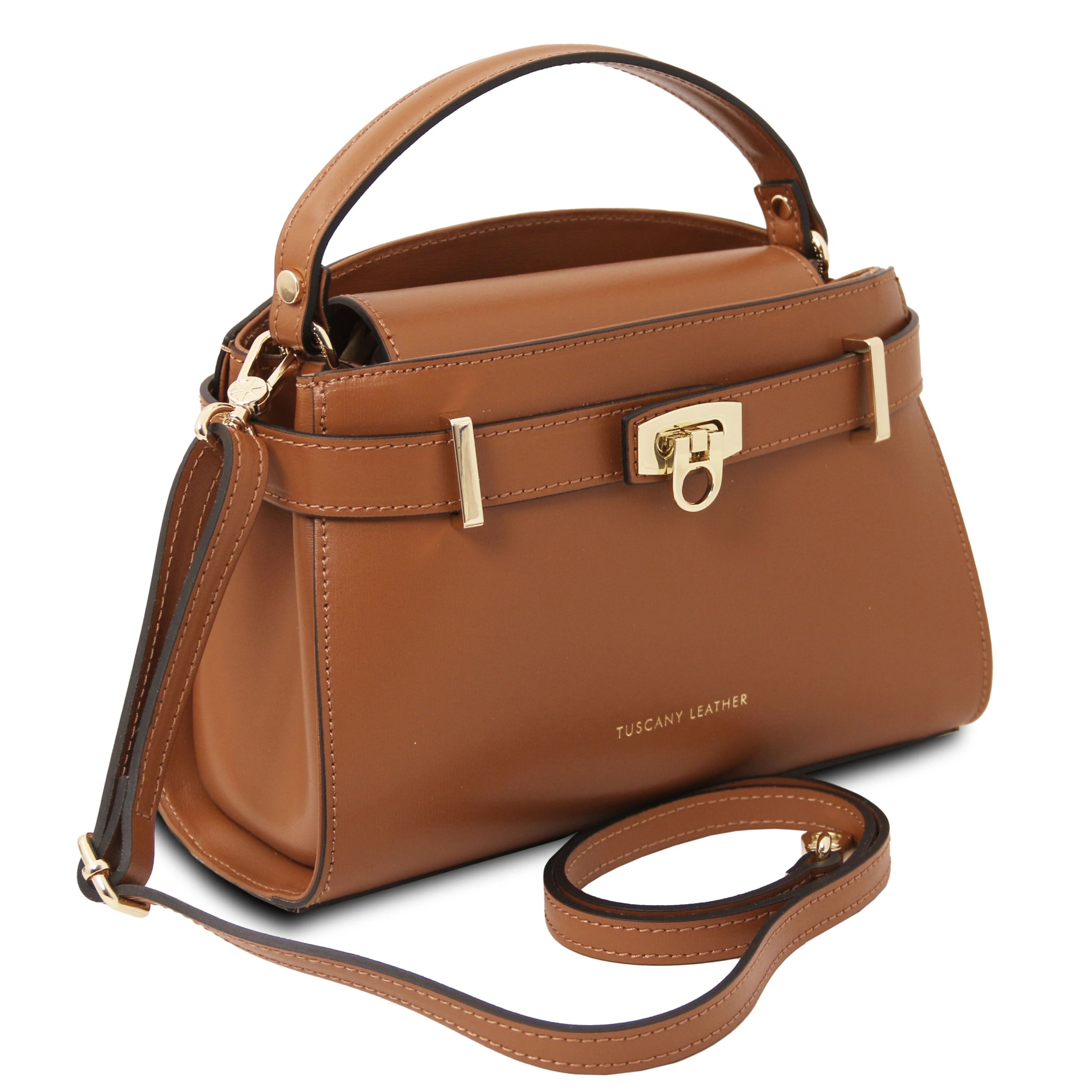 Maisy Italian Leather Tote Bag in Cognac front view with detachable crossbody strap