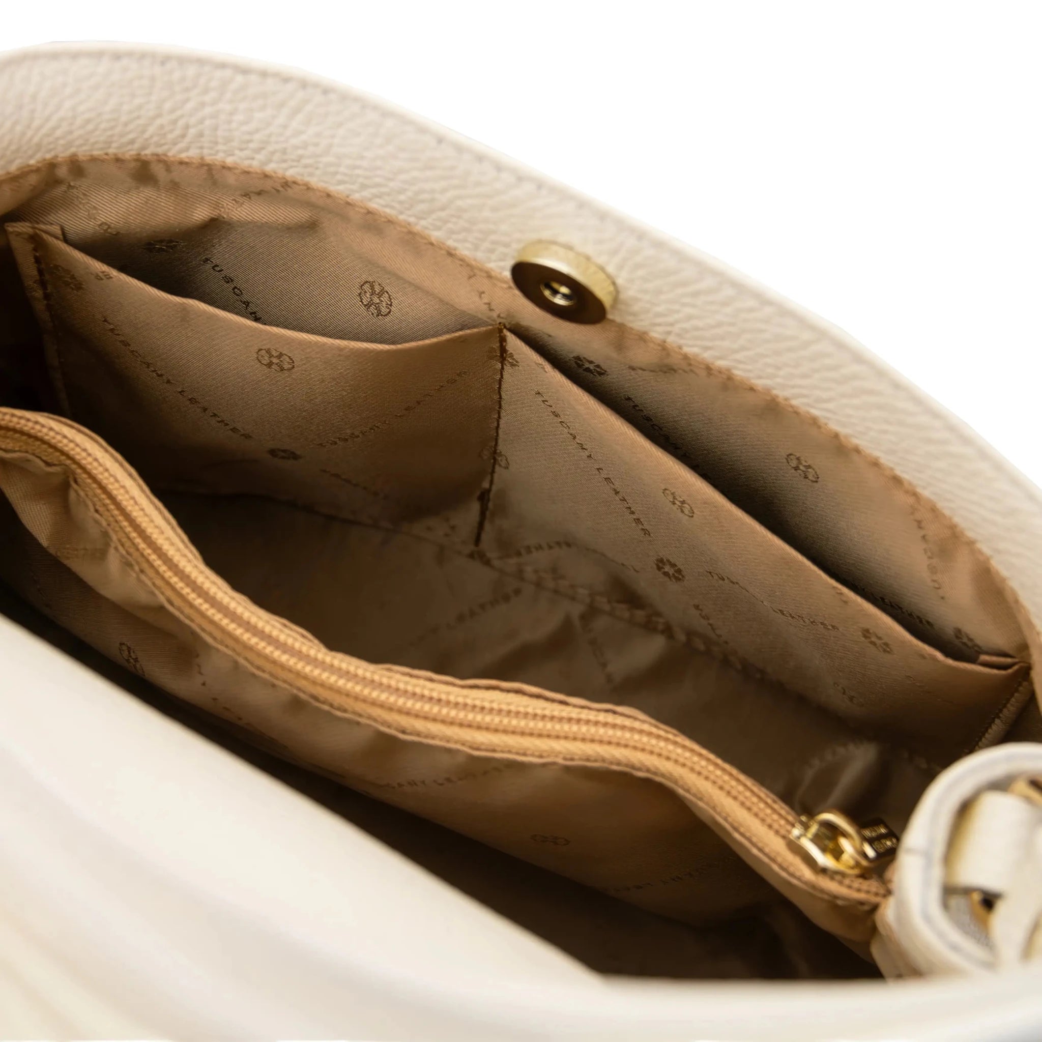 interior open pocket view Maisy Italian Leather Tote Bag in Beige with its tan bag lining