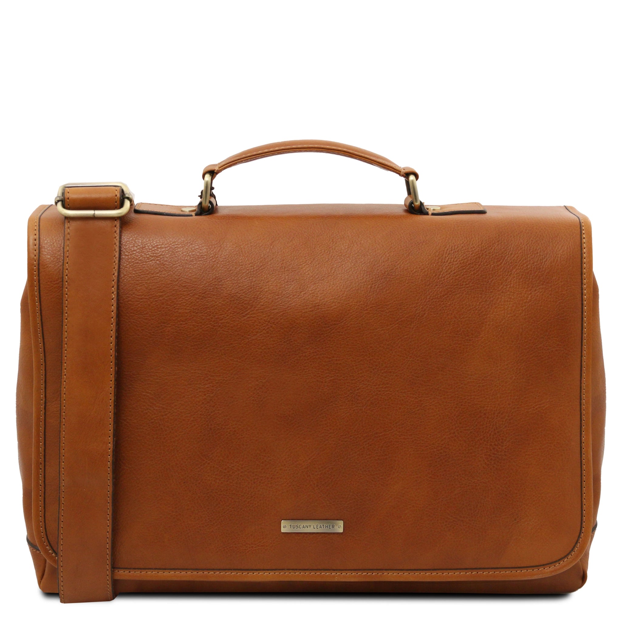 Natural Mantova Leather Multi Compartment TL SMART Briefcase With Flap Front View- L'Atelier Global