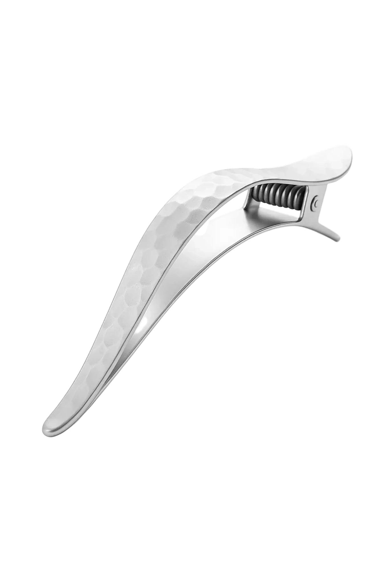 Matte Textured Hammered Hair Clip in silver on a white background
