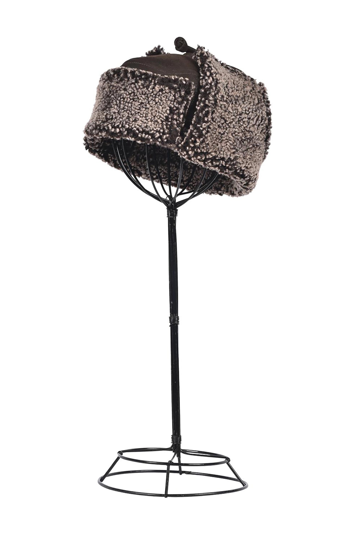 McGrath Sheepskin Storm Flap Hat - Snowcap Wool Brown on a black hat stand