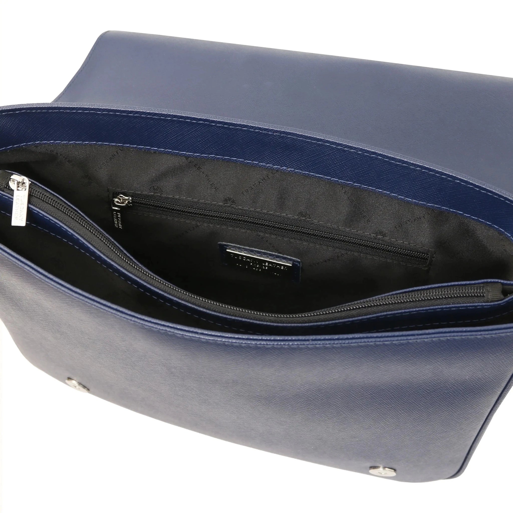 Interior Zip, central compartment view Saffiano Leather Messenger Bag in dark blue