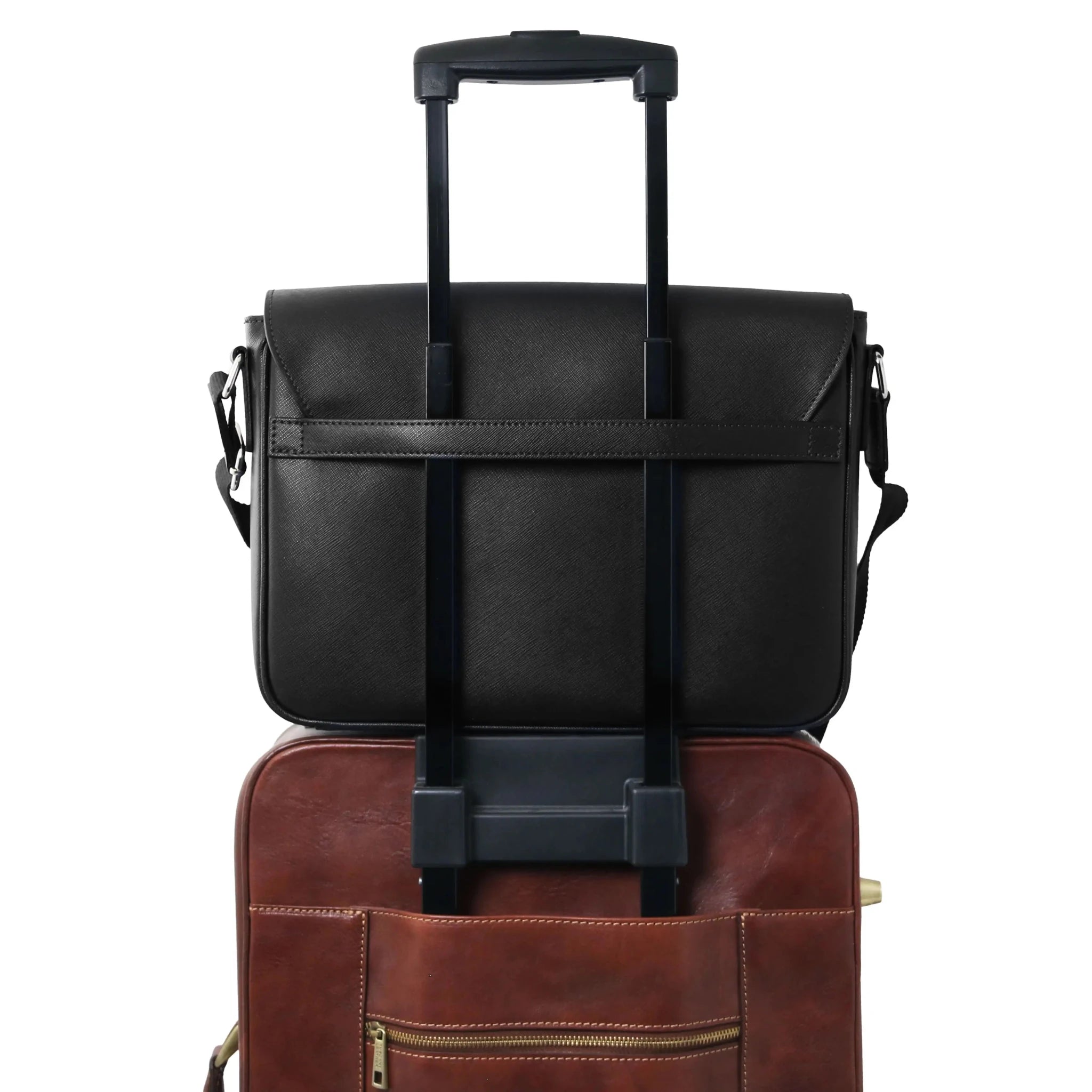 Messenger Saffiano Leather Messenger Bag in black on luggage trolley