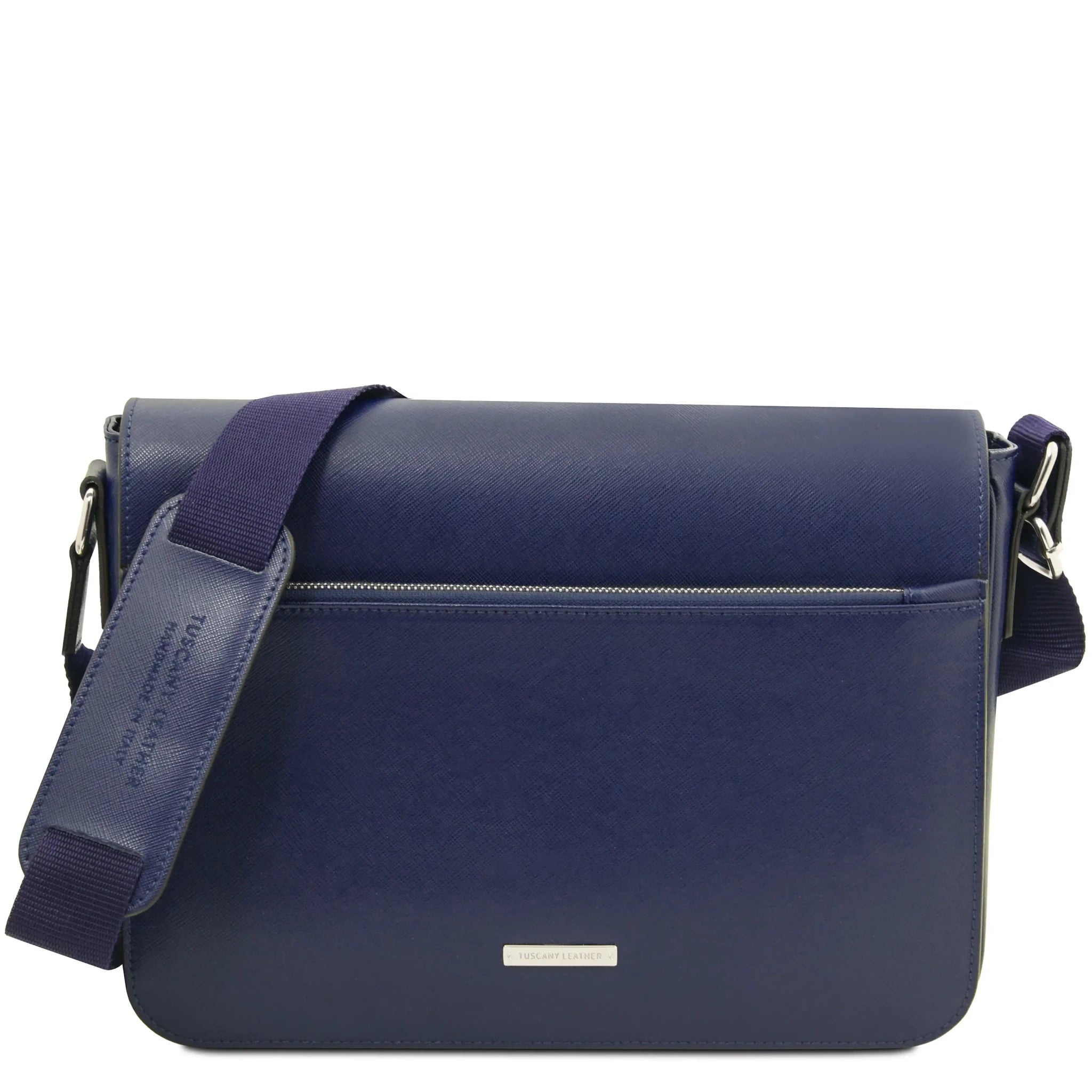 Front view Saffiano Leather Messenger Bag in dark blue